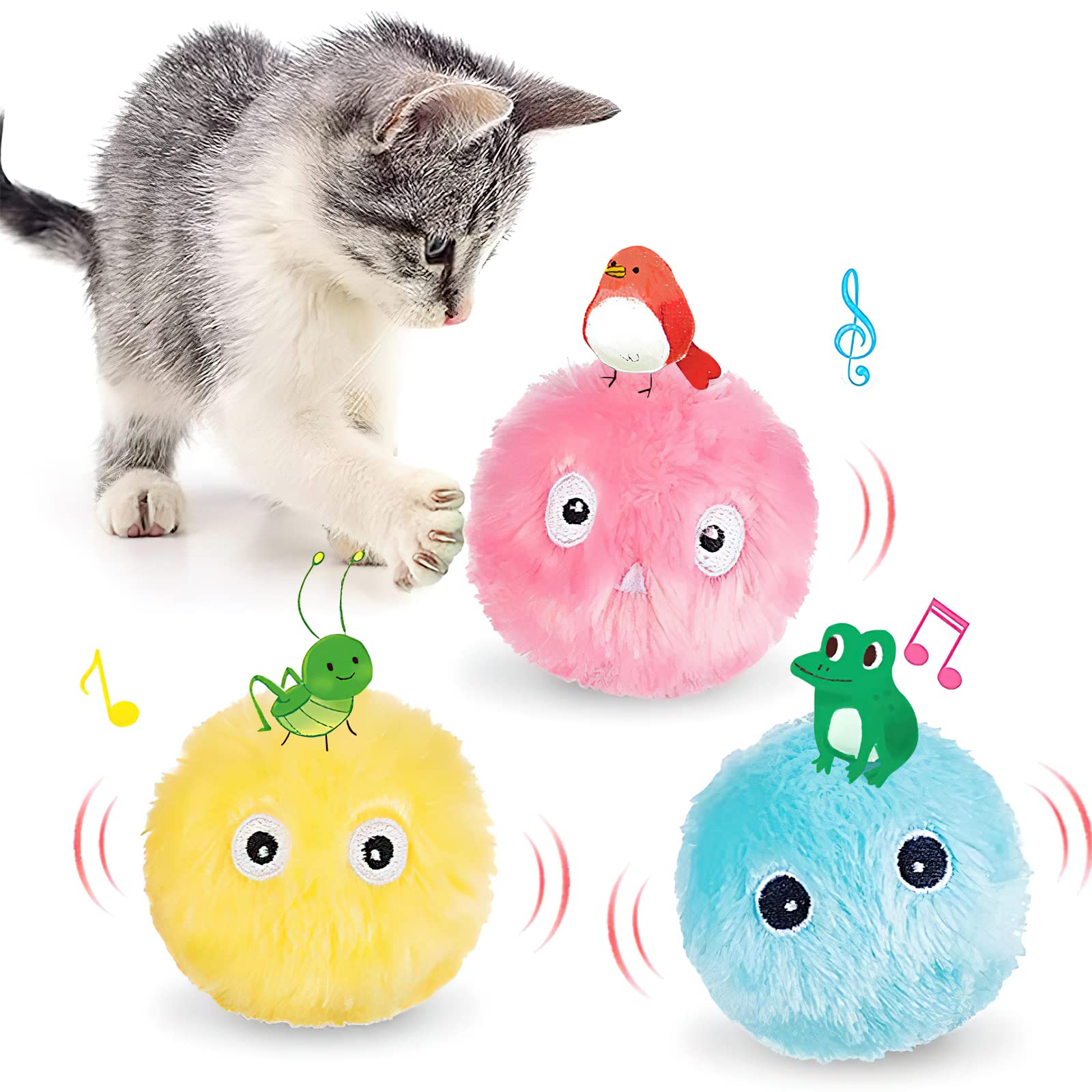HENGBIRD 3 Juguetes de Pelotas para Gatos Juguetes Interactivos de Felpa para Gatos Bolas de Chirrido para Gatitos Juguetes con Menta para Gatos Sonidos de para Interior Perro Mascotas