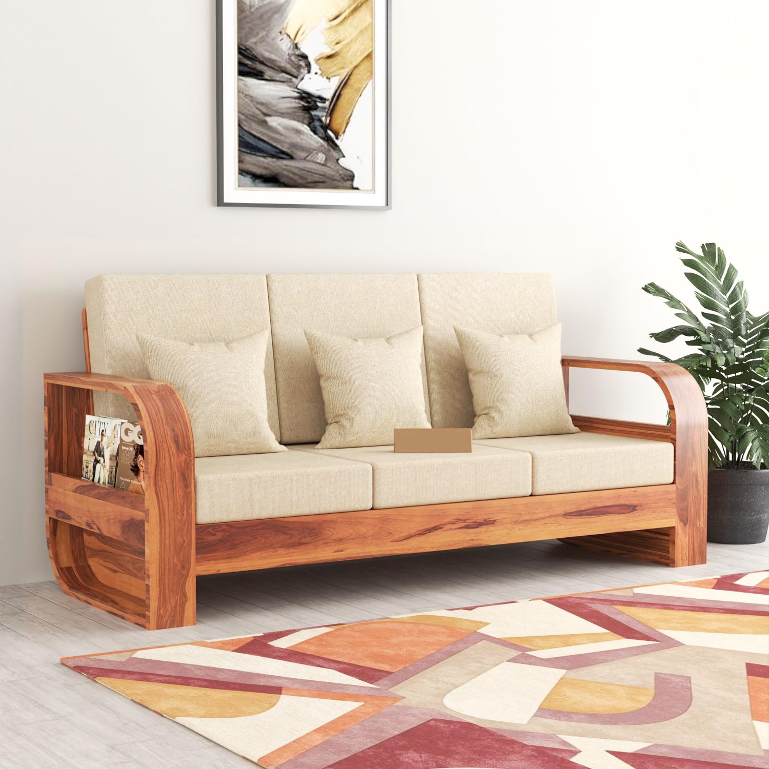 MURARAKA ART 3 Seater Sheesham Wood Sofa for Living Room Furniture Home and Office | Three Seater Wooden Sofa (Natural Finish, 3 Seater), Brown