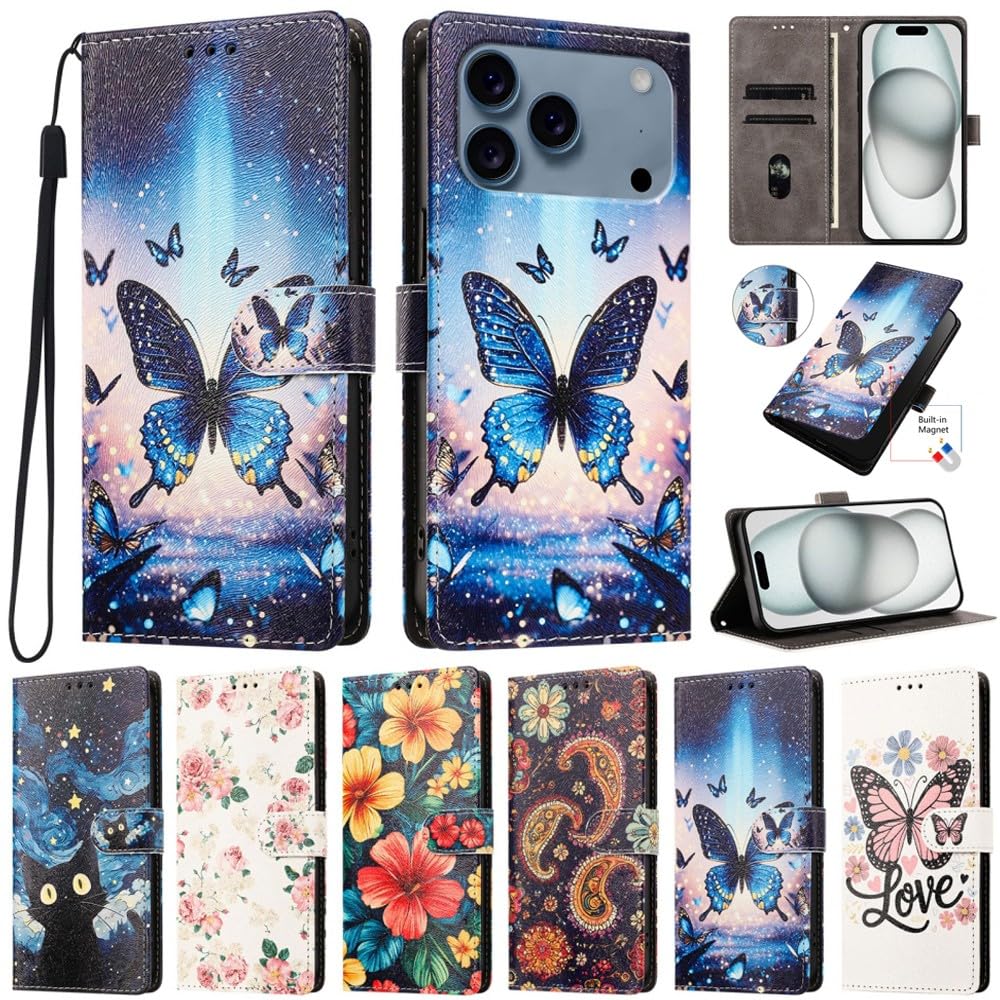 Generic Étui compatible avec iPhone 6/7/8/SE2/SE3 (motif : papillon rose) résistant aux chocs à rabat magnétique, étui à cartes