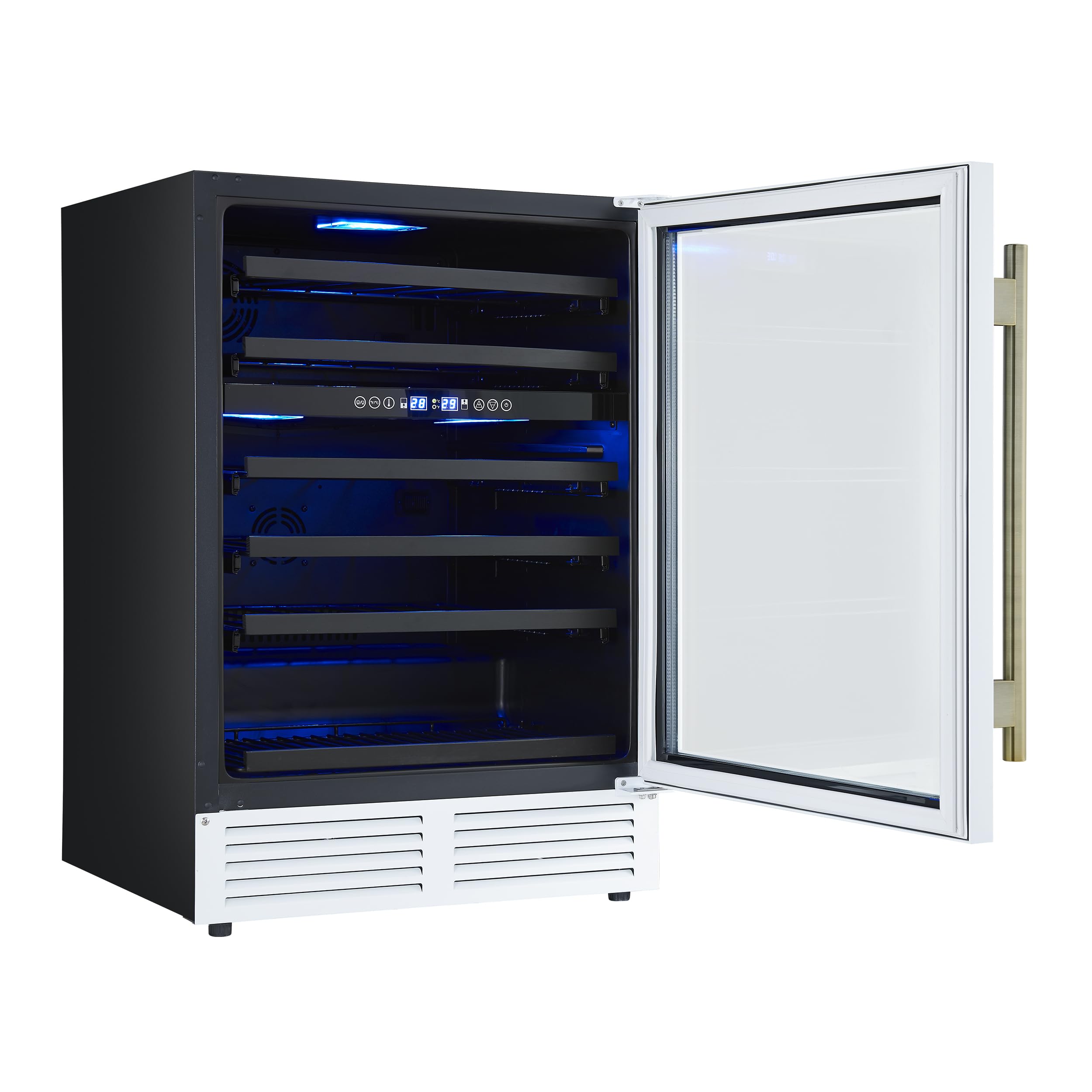 Forno Bacchino 24 Inch Wine Cooler with Antique Brass Handles, 51 Bottle Capacity Beverage Refrigerator with Triple Glass Door and LED Lighting, Built-In or Freestanding - White on Fridge.com