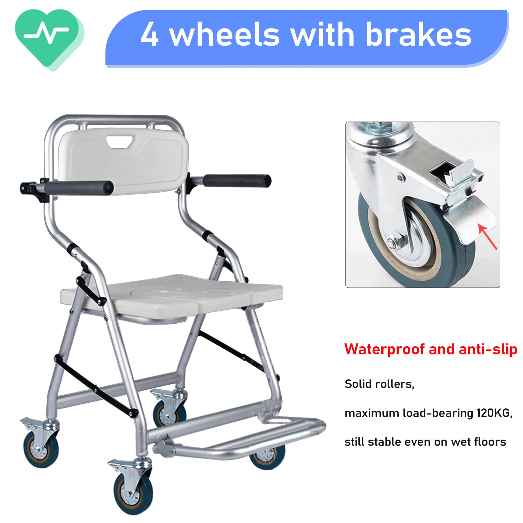 Sedile da Bagno Sedia da Doccia per Anziani e Disabili con Rotelle, Sedia Wc Doccia con Rotelle Pieghevole, Sgabello Bagno Doccia, Massimo Carico 120 Kg, Una Sedia Doppio Scopo
