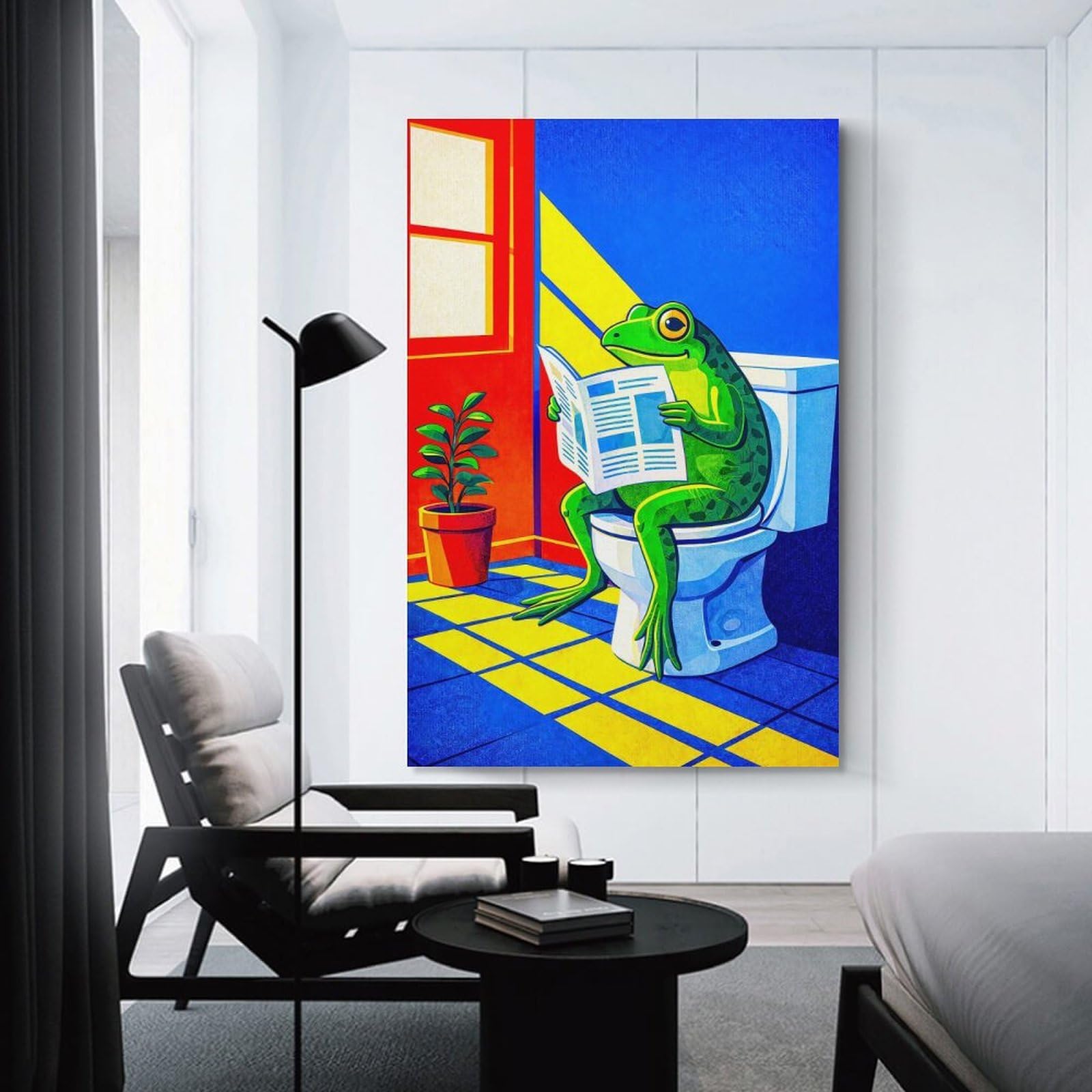 Junmoney Frog Reading Newspaper on Toilet Decorative Canvas Print, 20x30inch(50x75cm), for Hallway, Bedroom Or Modern Interiors, Gift Idea for Housewarming And Birthdays