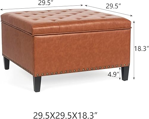 Miniatura 3 de Homebeez Banco otomano de almacenamiento de piel sintética, reposapiés cuadrado para mesa de centro con patas de madera para sala de estar (marrón