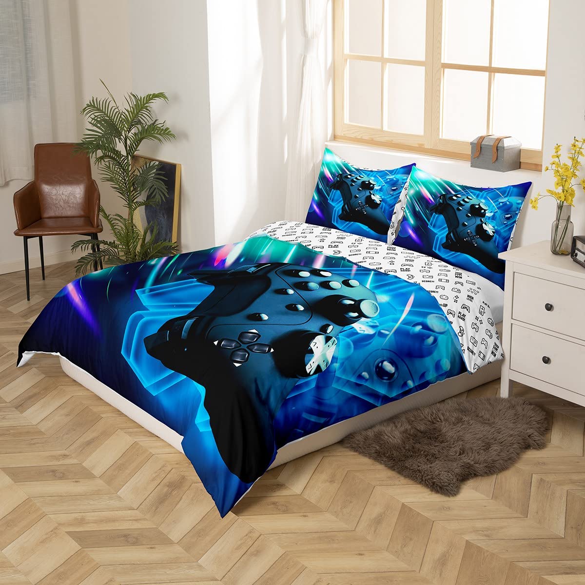Tbrand Gamepad Bettwäsche Set 135x200cm Jungen Videospiel Bettbezug Set für Kinder Jugend Galaxis Gaming Controller Betten Set Gamer Blue Hexagon Geometric Decor mit 1 Kissenbezug