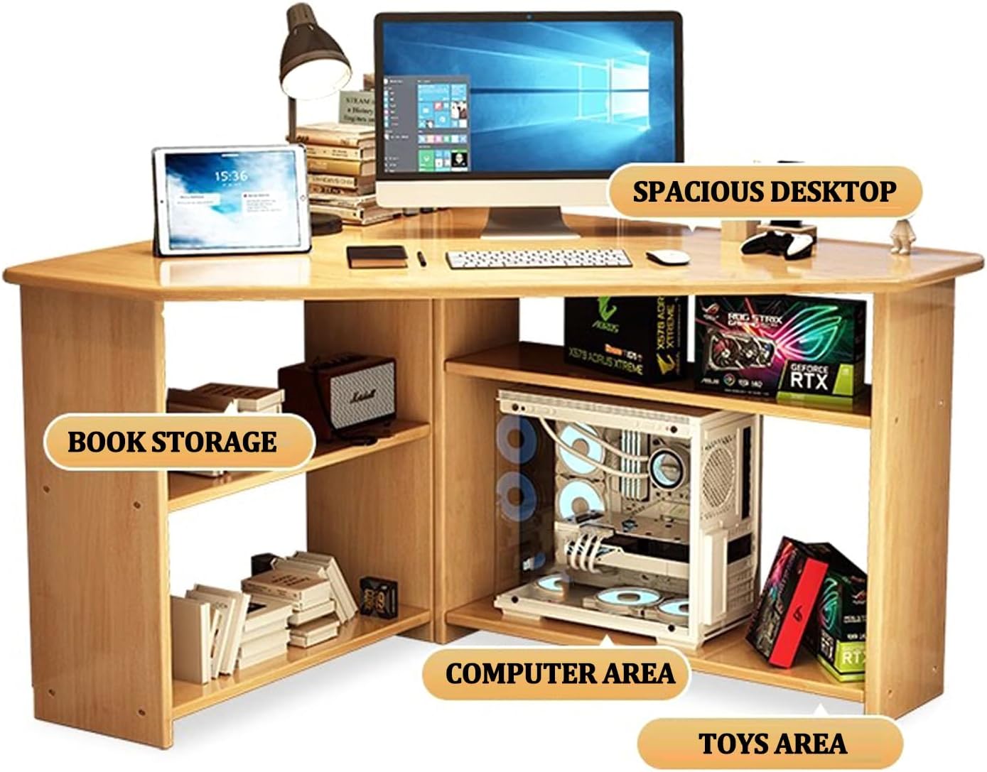 Corner Desk for Small Space with Bottom Hutch, Kids Desk with Book Shelves Drawers in Maple, Children Chair Desk with Storage Bin Natural Solid Wood Children Computer Desk White
