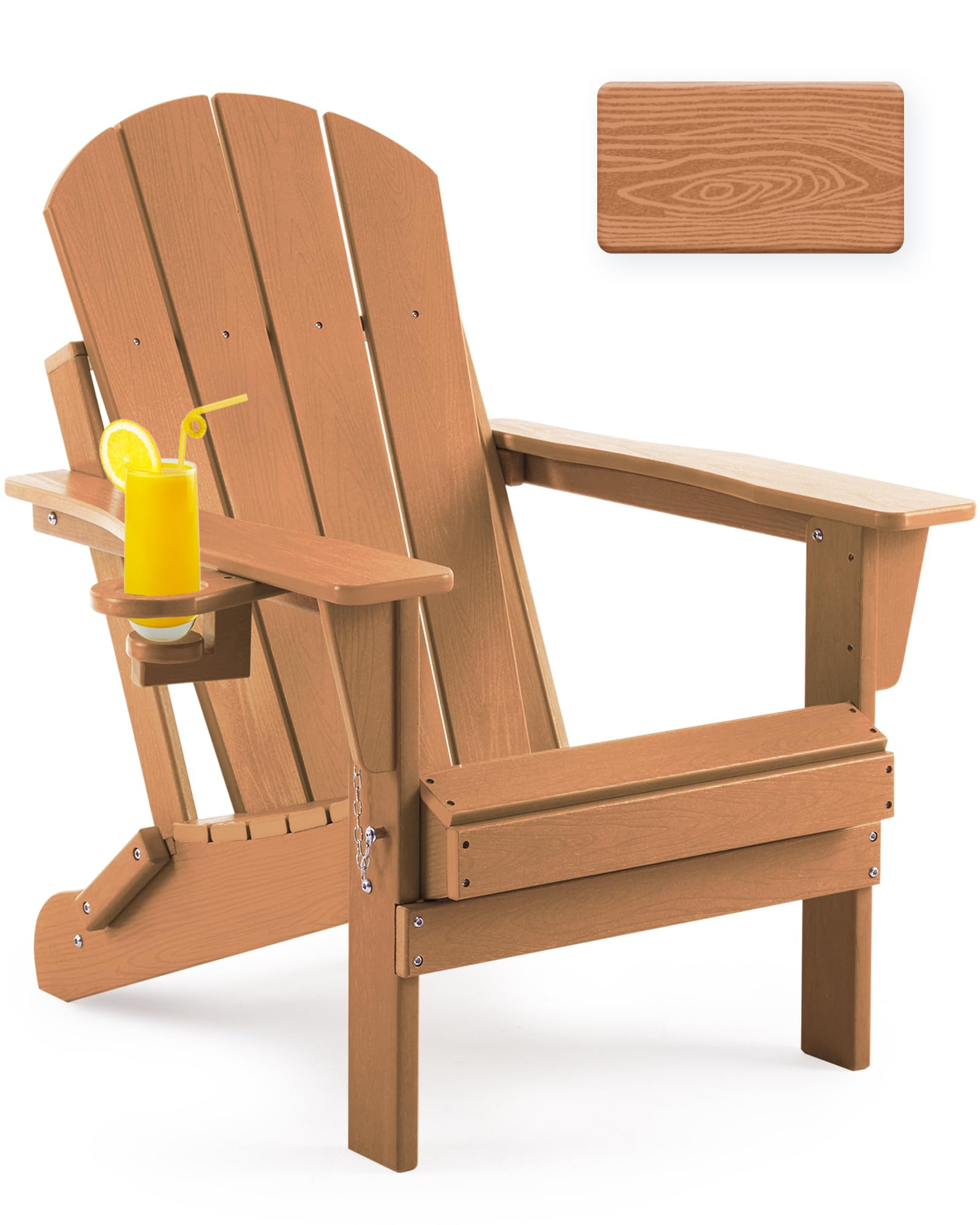 Folding Adirondack Chair, Patio Chair Wood Texture, Outdoor Chair Weather Resistant, Lawn Chair with Cup Holder, Fire Pit Chair for Deck, Outdoor, Porch, Backyard, Garden (Teak)