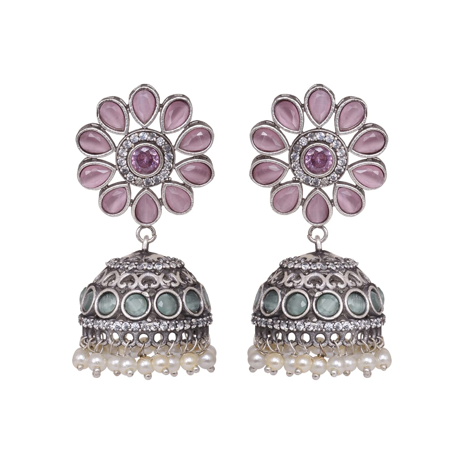Saraf RS Jewellery-Oxidised Siver Pink Stone Studded Dome Jhumka Earrings (B09PLMYHR2) Amazon Price History, Amazon Price Tracker