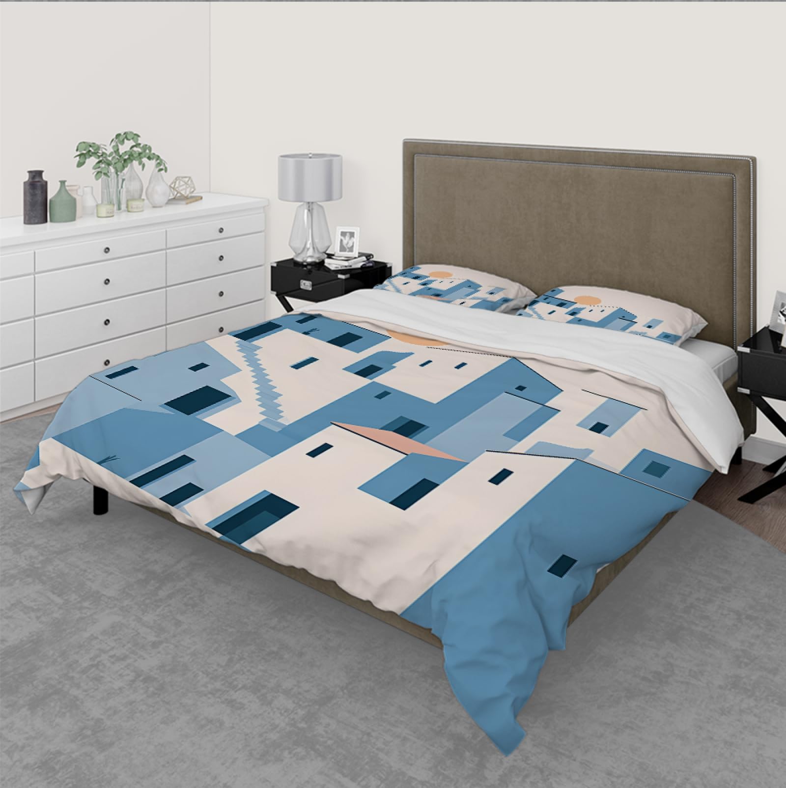 Nowoczesna minimalistyczna poszwa na kołdrę 3 sztuki niebieska architektura geometryczna miękka prana mikrofibra zestawy pościeli do dekoracji wnętrz 180x220cm