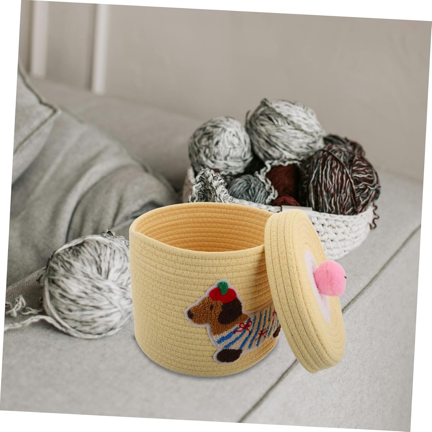 Cute Dog Woven Storage Basket with Lid Cotton Nursery Organizer for Pet Toys and Sundries Decorative Car Storage Bin for Vehicles
