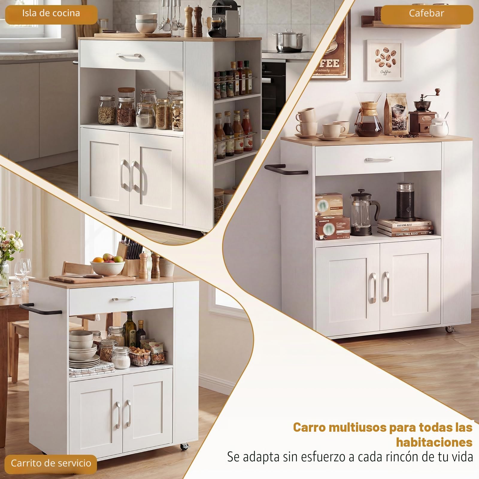 GIANTEX Carro de Cocina con Cajón, Isla de Cocina de Madera con Ruedas, con 1 Cajón, 2 Puertas y 3 Estantes Laterales, Mueble Auxiliar de Almacenamiento para Comedor, 75 x 46 x 90,5 cm (Blanco)