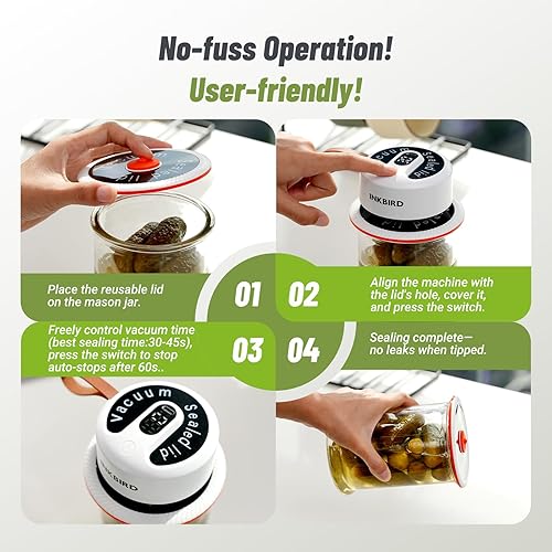 Miniatura 8 de INKBIRD Kit de sellado al vacío de tarros Mason eléctrico 3 en 1 para tarros y bolsas de boca ancharegular, sellador de tarros inalámbrico portátil