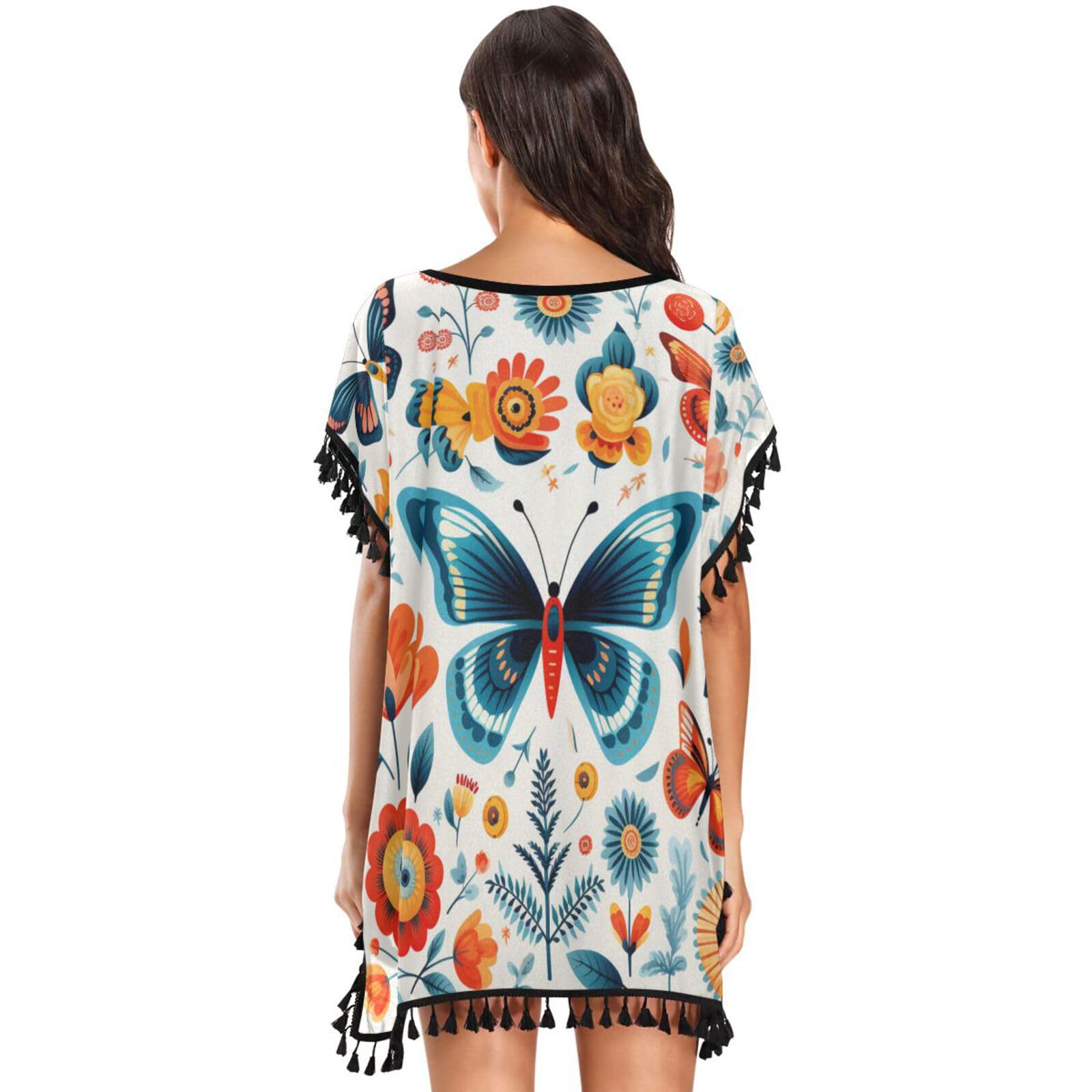 Butterfly Flowers Cartoon Art Women's Beach Cover Up Chiffon Tassel Swimwear Swimsuit Coverups for Girl