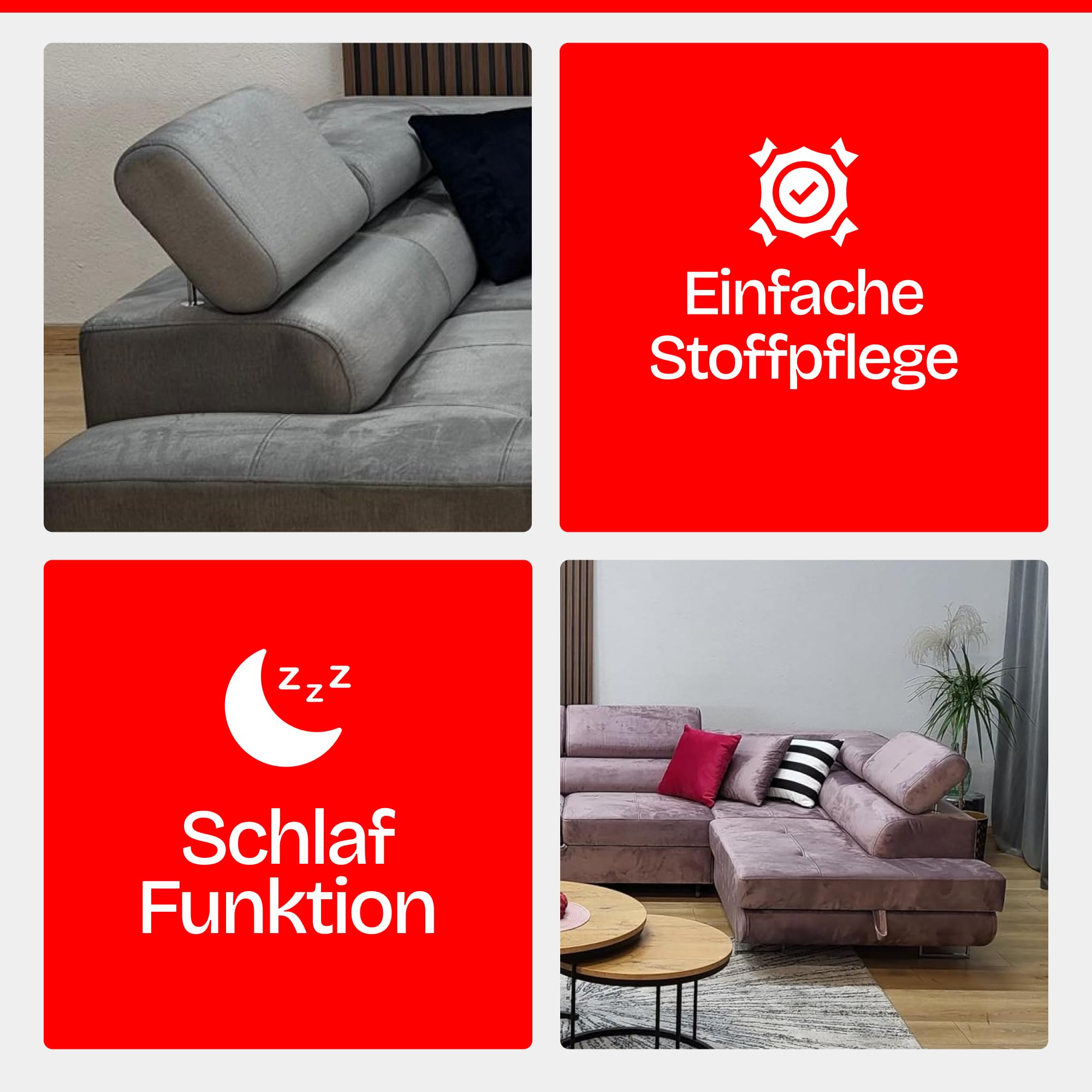 U-Form Sofa Rodos 345x202x90 cm, Schlaffunktion, Grau, Links