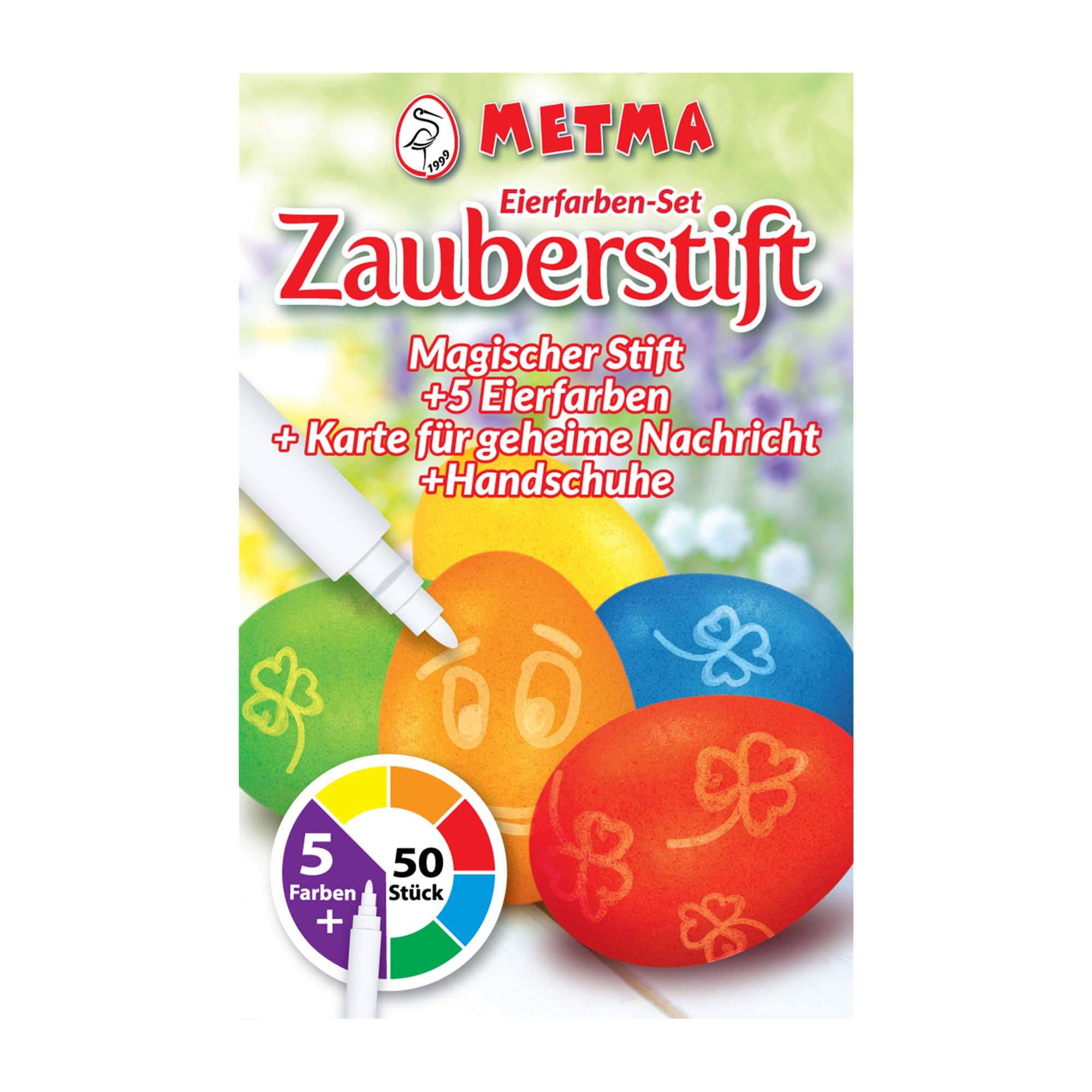 Oster-Eierfarben Set – 5 Farben (Gelb, Orange, Rot, Blau, Grün) Inkl. Zauberstift & Handschuh