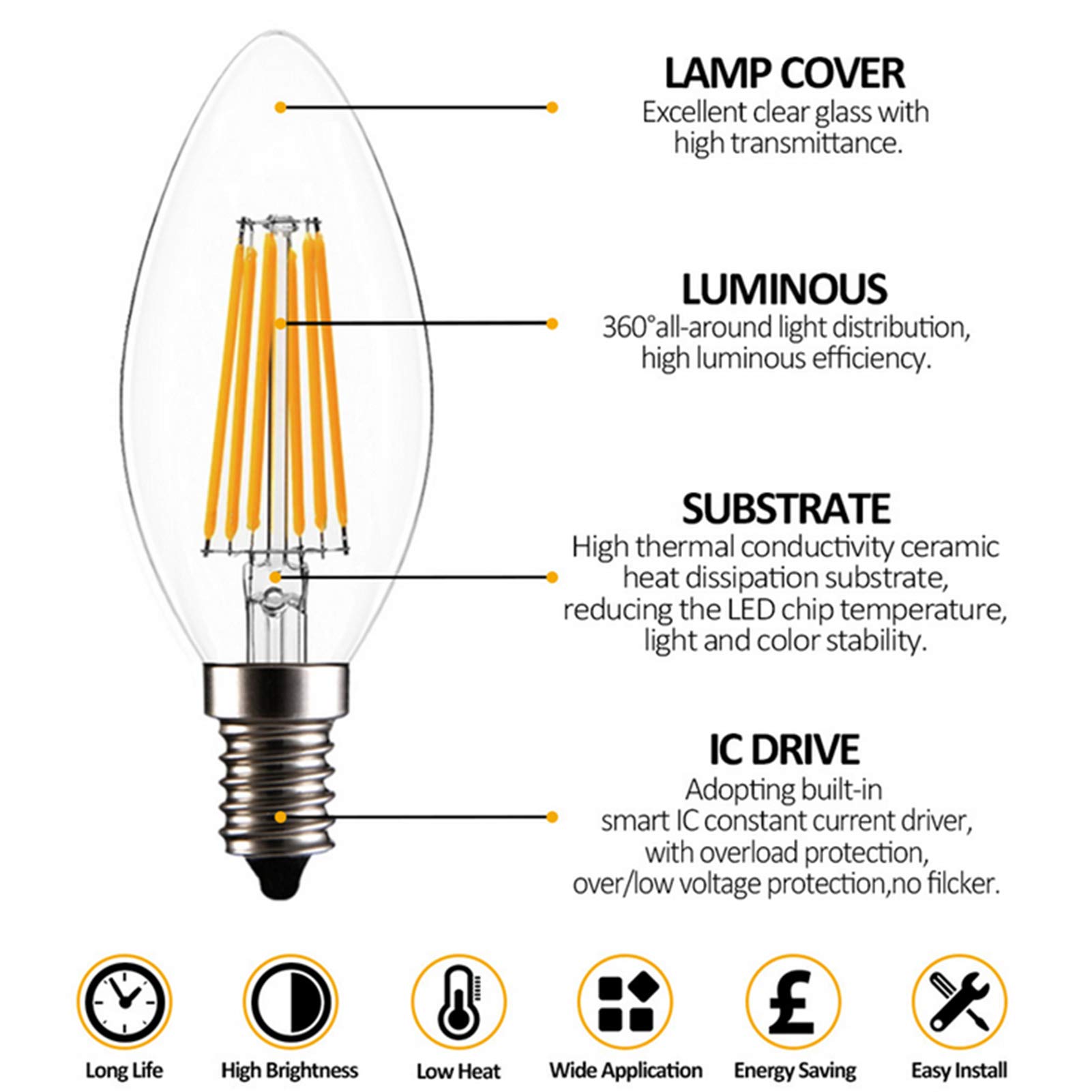 Ampoules LED à filament torpille 2 W, ampoule Edison à intensité variable, équivalent 20 W, blanc chaud, économie d'énergie, sans scintillement, ampoules chandelier C35 LED, paquet 10