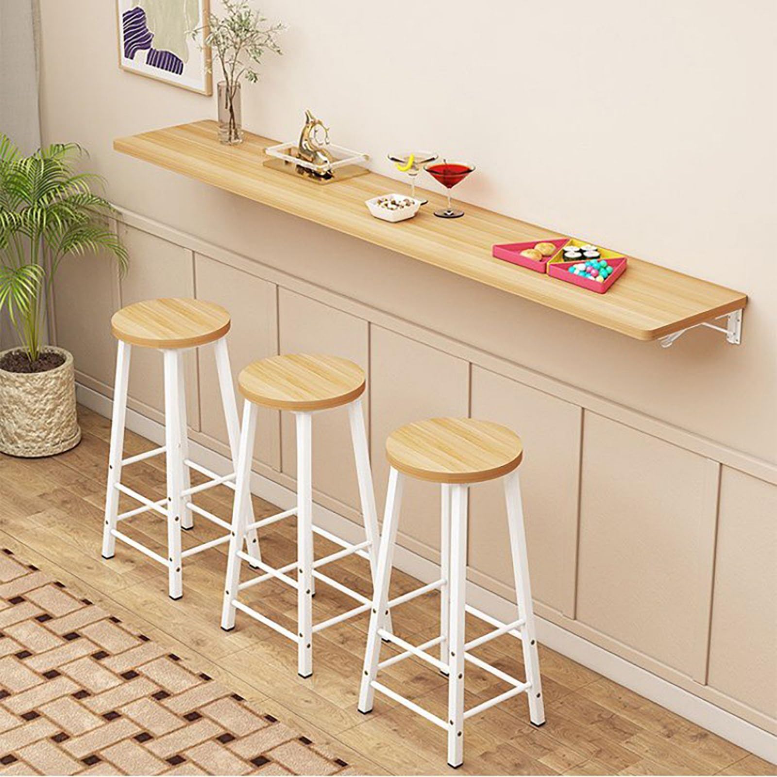 WQPMNYG Wall-Mounted Dining Table, Folding Kitchen Desk, Space-Saving Bar Table, Click-Fold Design, Versatile for Various Settings, Beige, 110x40cm, Stylish and Functional Furniture.