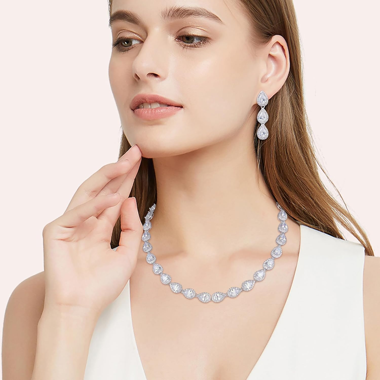 EVER FAITH Gorgeous CZ Birthstone Elegant Teardrop Wedding Prom Necklace Earrings Set for Bride Birthday/Mothers Day/Christmas Jewelry Gift for Women - Image 2
