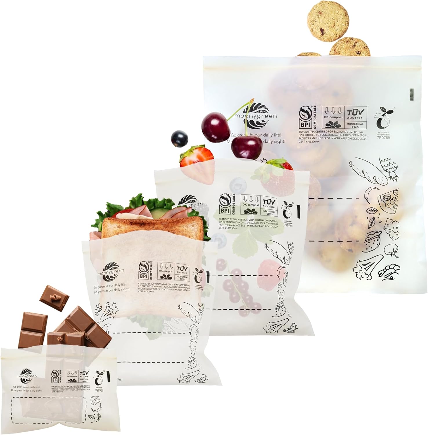 Compostable Food Storage Bags, Resealable, 50 Snack, 50 Sandwich, 30 Quart, 30 Gallon, Extra Thick, Certified US BPI ASTM D6400 Europe OK Compost