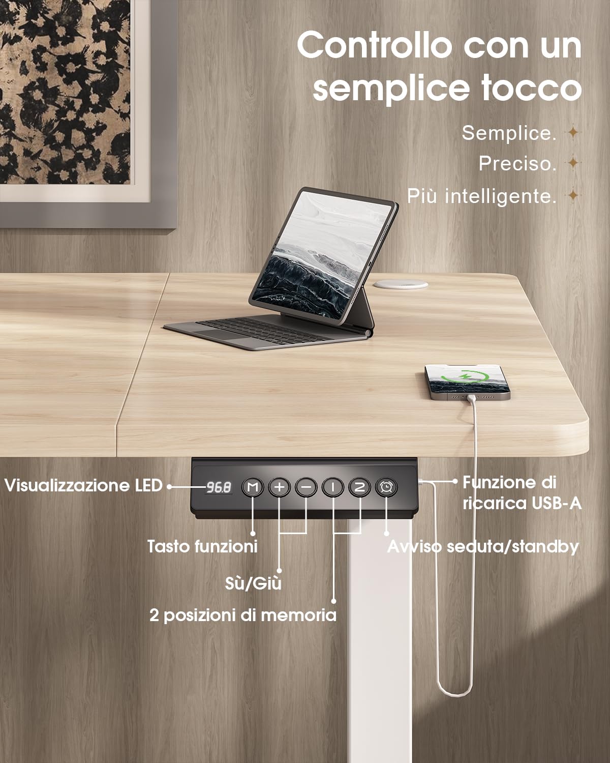 Devoko Scrivania Elettrica Regolabile In Altezza 180 x 80 cm, Ufficio 4 Sezioni Con Funzione Di Memoria, Cassetti, Porte Usb E Sistema Di Gestione Cavi, Beige