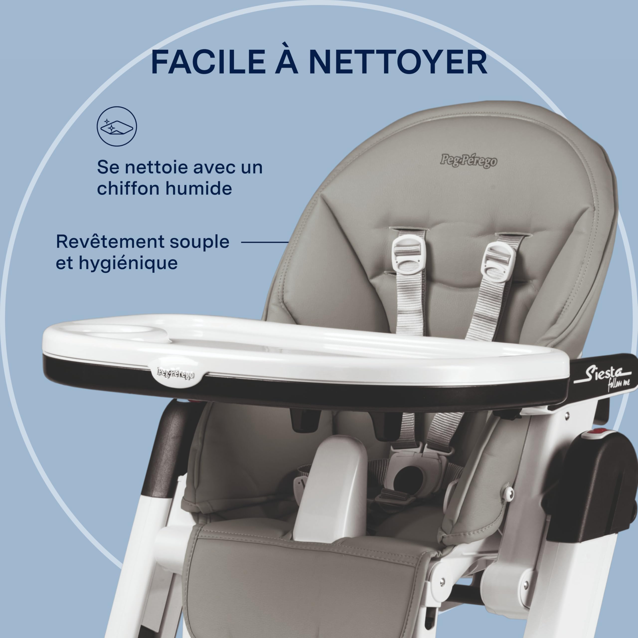 PEG Siesta Follow Me Chaise Haute dès la Naissance, Inclinable avec Fonction Transat, Double Plateau, 9 Hauteurs, 4 Roues, Pliable et Compacte, 0-3 Ans (0-15 kg), Ice