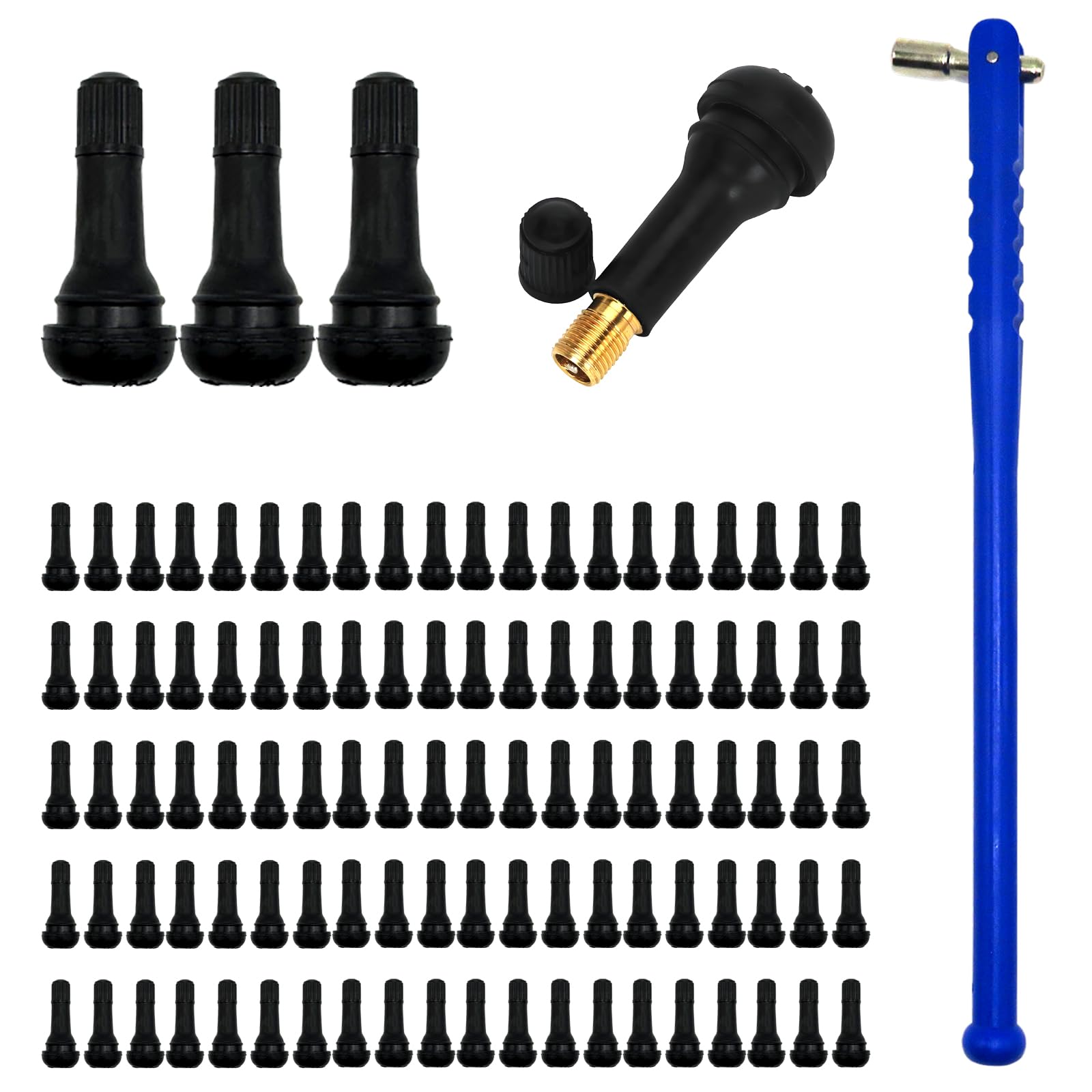Tr413 Tire Valve Stems and Valve Stem Installer,Tubeless Rubber Snap-in Valves for 0.453 Inch Rim Holes,Standard Length Replacement Tool for Vehicles(101Pcs)