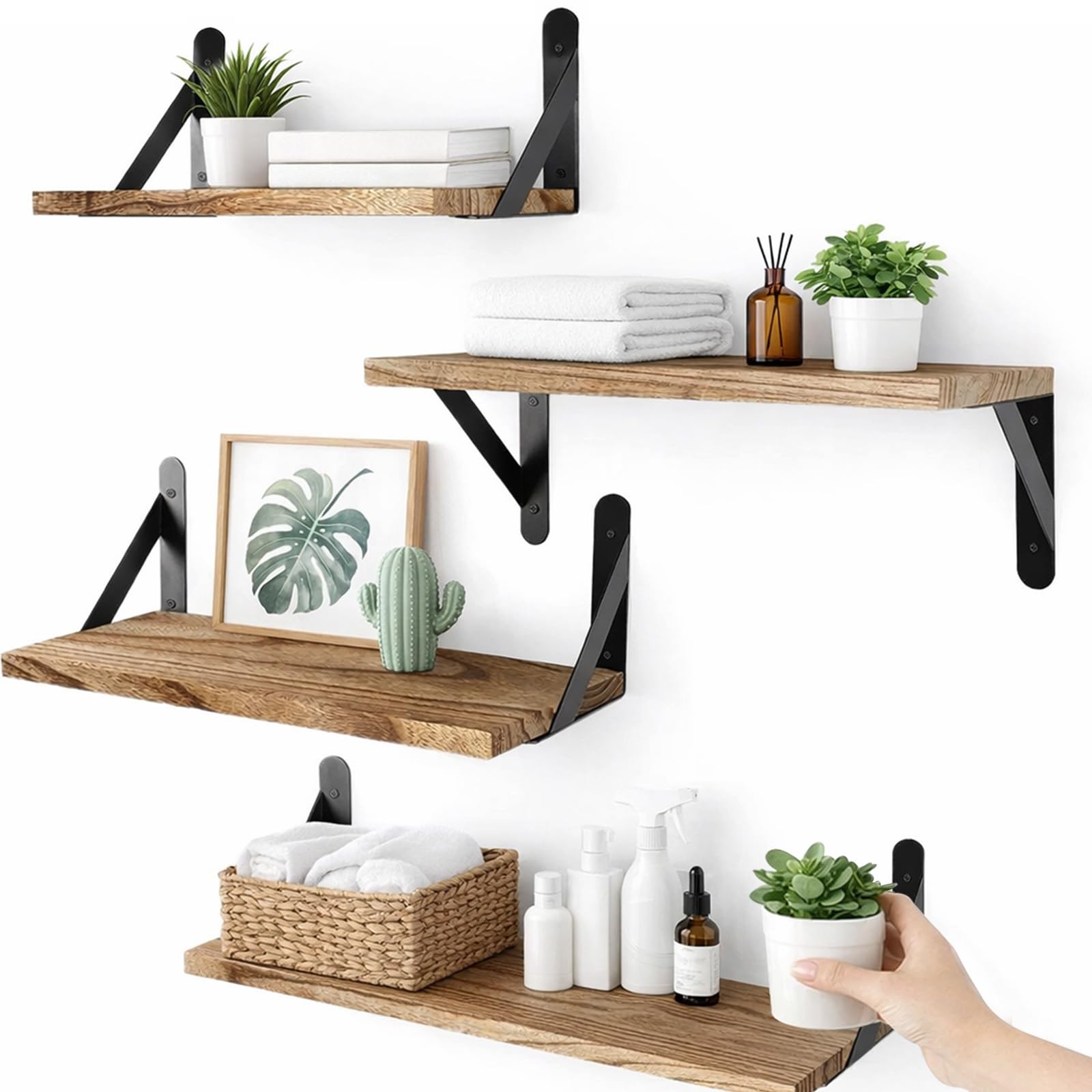 zxevg Wooden Floating Shelves Set of 4 Rustic