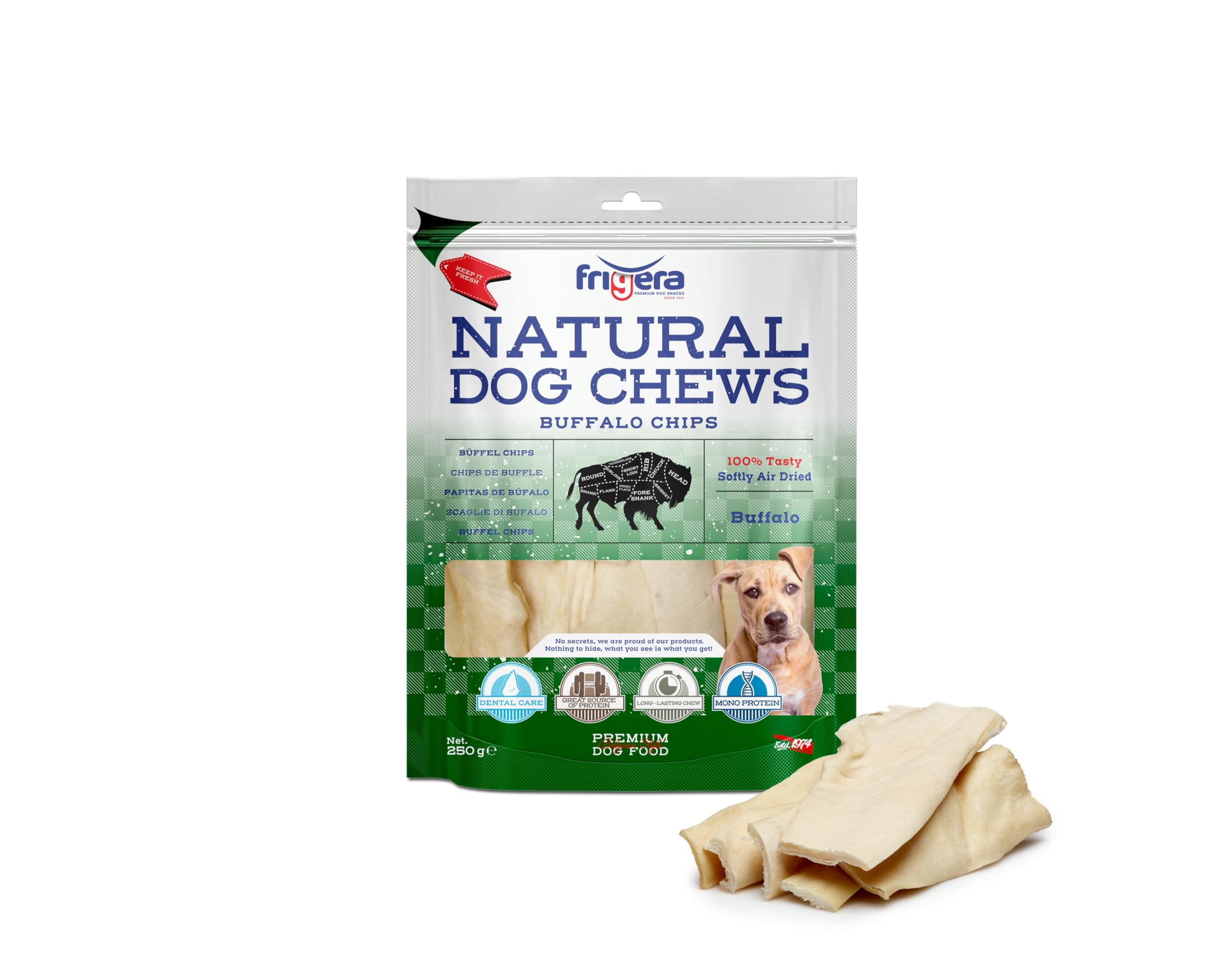 Frigera Buffalo chips 250g – Natural dog snacks, Protein-rich, Gluten- and Grainfree, No additives