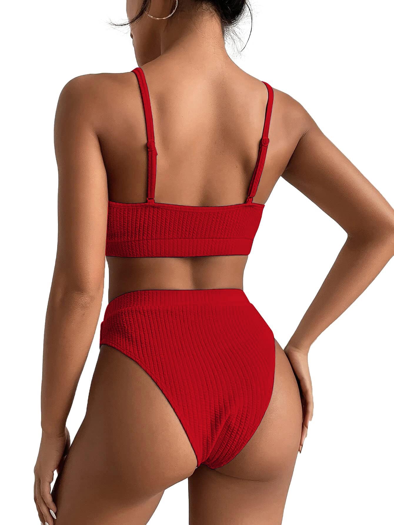 Lilosy Maillot de bain brésilien 2 pièces avec haut court taille haute et contrôle du ventre, Rouge, Taille M