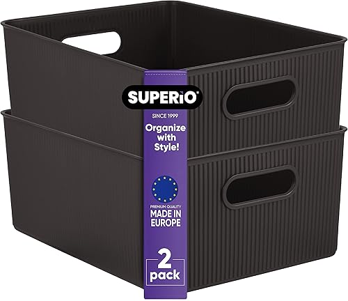 Superio Ribbed Collection - Canastas organizadoras de plástico decorativas abiertas para el hogar, cajas grandes de color marrón (paquete de 2) para