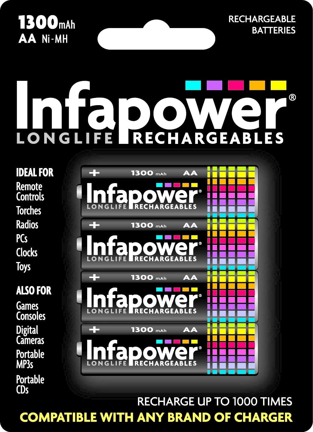 Infapower B003 LongLife Rechargeable AA Ni-MH Batteries 1300mAh - 3 Packs