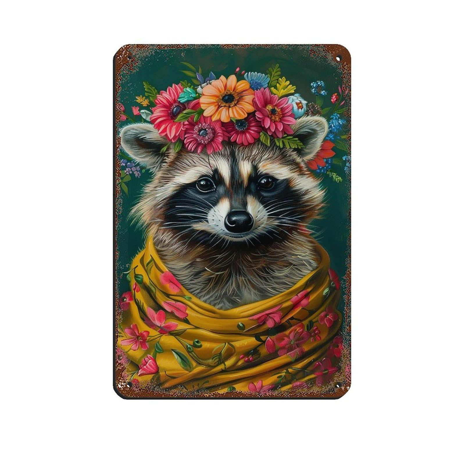 Vintage Maximalist Floral Raccoon Painting Poster Tin Sign Vintage Metal Pub Club Cafe Bar Home Wall Art Decoration Poster Retro 8x12inch(20x30cm)