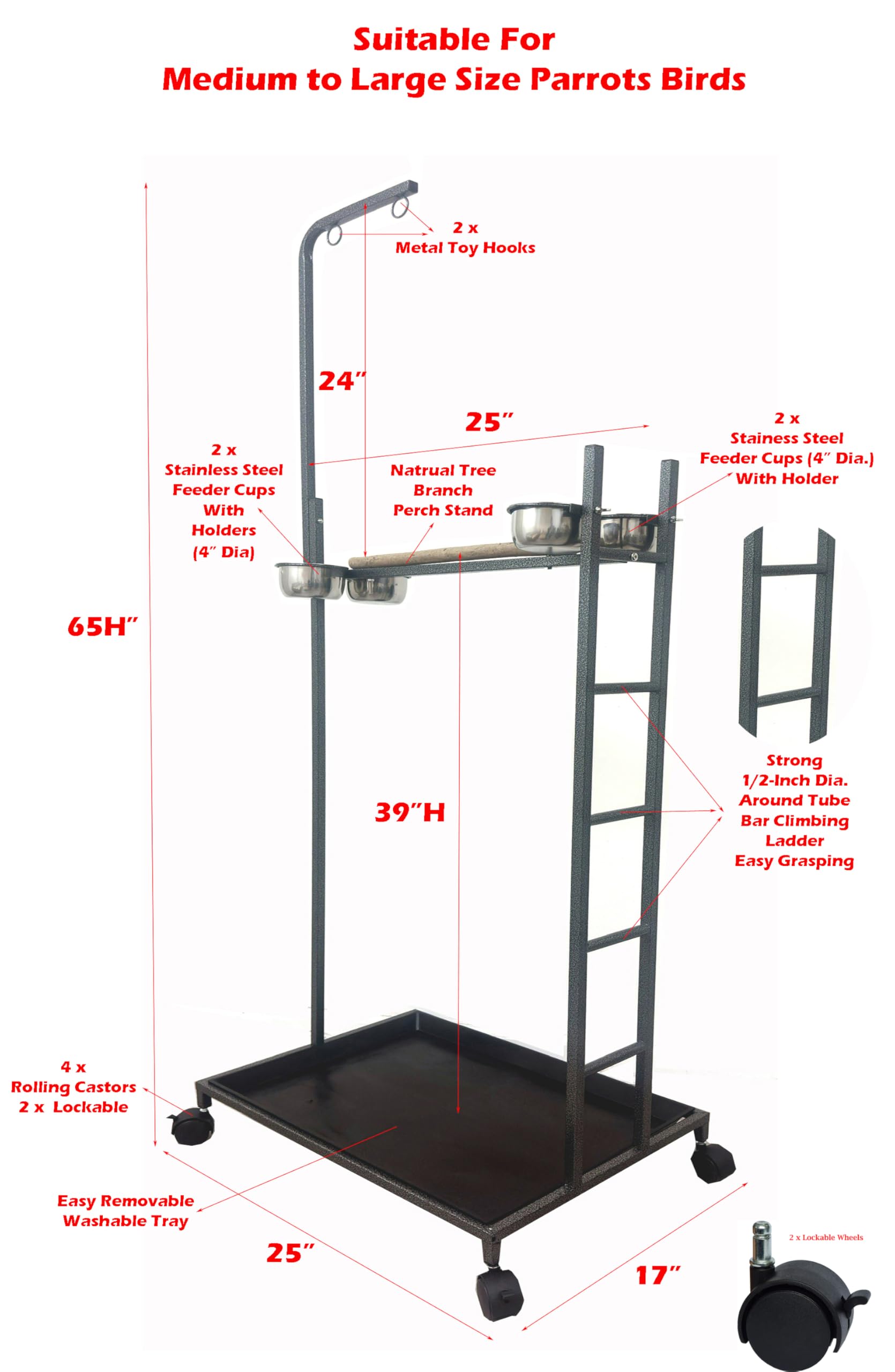 65.5 Inch X-Large Parrot Natural Perch Stand Bird Play Ground Training with Strong Climbing Play Ladder Stainless Feeding Bowls Toy Hook Removable Washable Tray Lockable Rolling Wheels product thumbnail 4