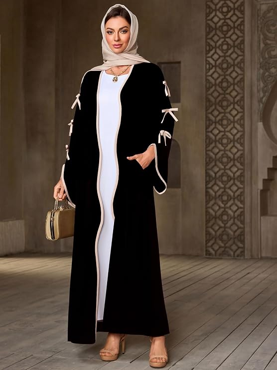Elegant Colorblock Belted Abaya Open Front Bow Tie Islamic Modest Fashion Dress