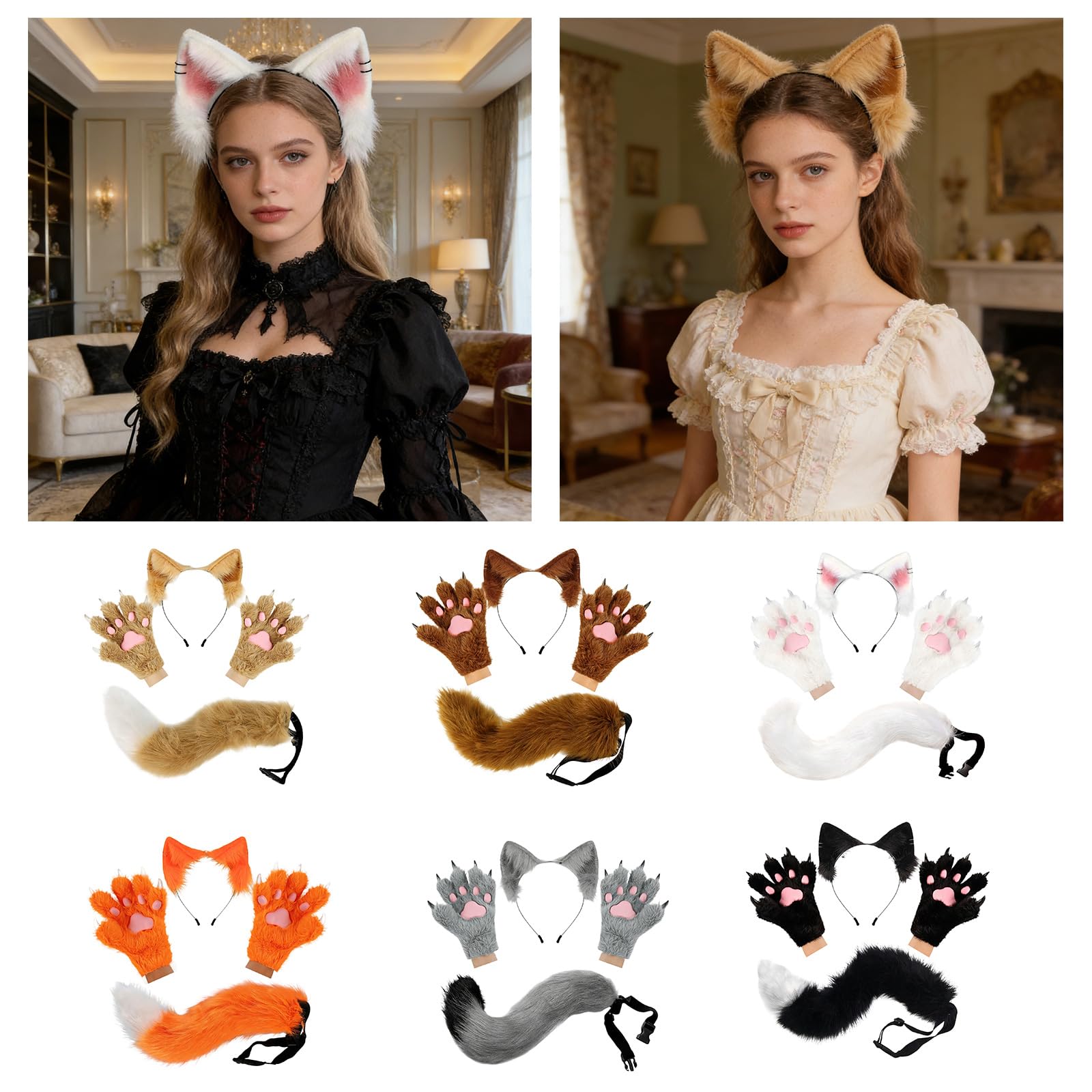 Conjunto de diadema con orejas de peludo y guantes de patas realistas, accesorio para cabello para disfraz de Cosplay, fiesta de Halloween, conjunto de disfraz de peludo
