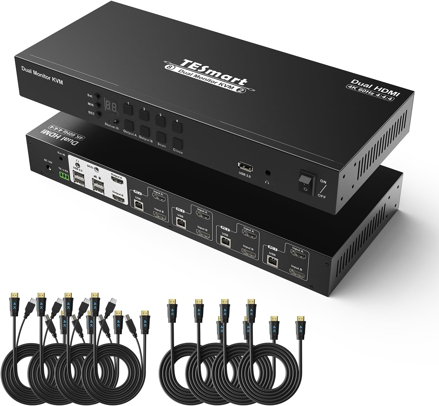 TESmartKVM Switch Dual Monitor HDMI 4 Port, 4x2 KVM Switches for 2 Monitors 4 Computers, UHD 4K@60Hz, L/R Port, Hotkey,Dolby Vision,EDID, PC Monitor Switch with Cables and Remote Control