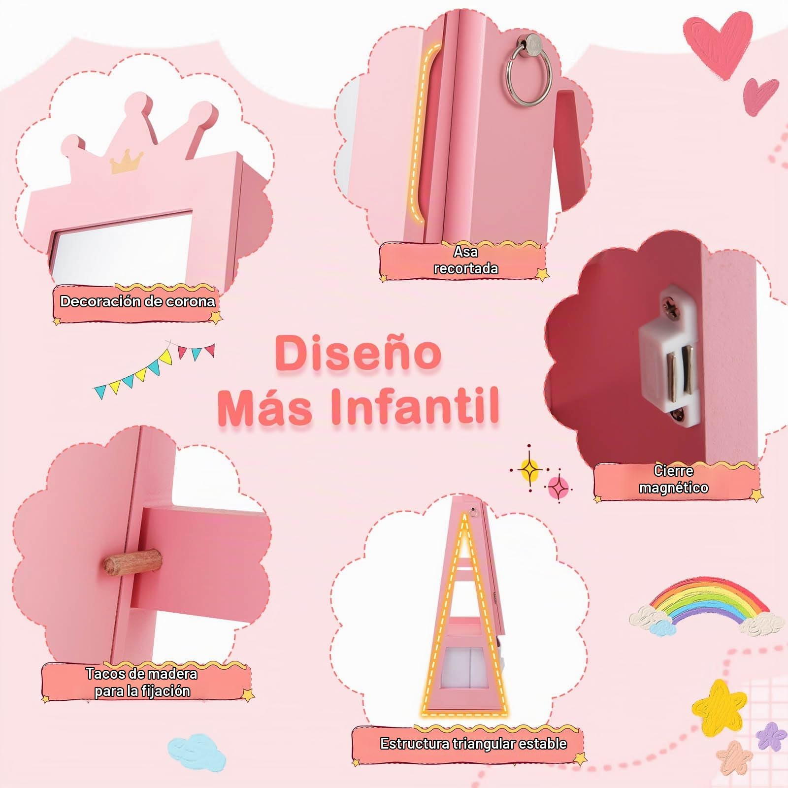 GOPLUS Armario para Joyas de Niños con Espejo de Cuerpo Completo, Armario Joyero Infantil con Cajón Plegable, Mueble de la Joyería para Dormitorio y Sala de Juegos de Niños de 3+ Años (Rosa)
