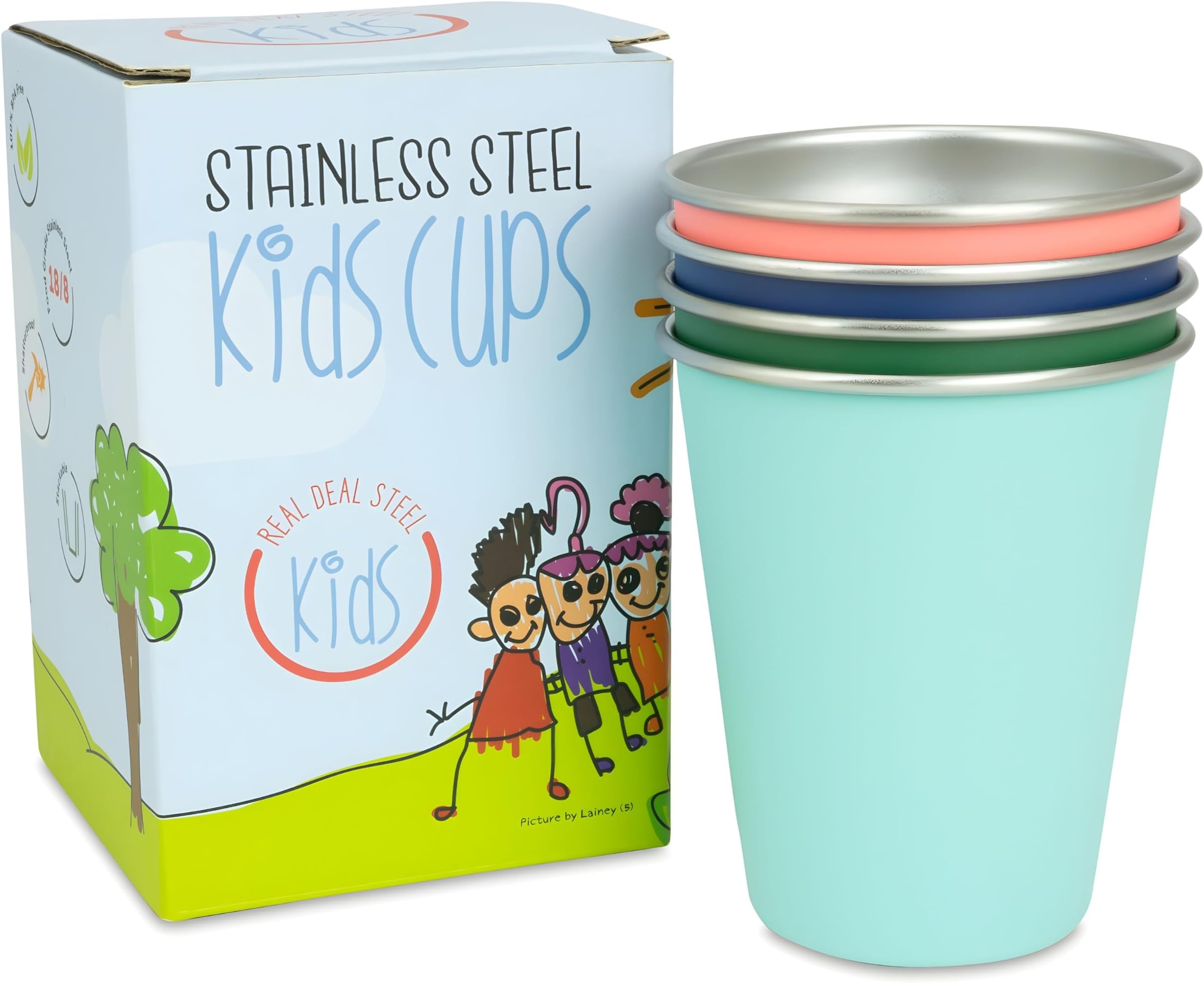 Stainless Steel Kids Cups - Set of 4 - Metal Cups for Children and Toddlers, Premium 10 oz Drinking Glasses in Fun Colors, BPA Free, Unbreakable (Assorted 2)