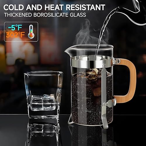 Miniatura 3 de 21 Ounces French Press Coffee Maker, Durable Bamboo Lid Handle Coffee Press, 4 Filters System, Heat Resistant Thickness Borosilicate Glass Beaker,
