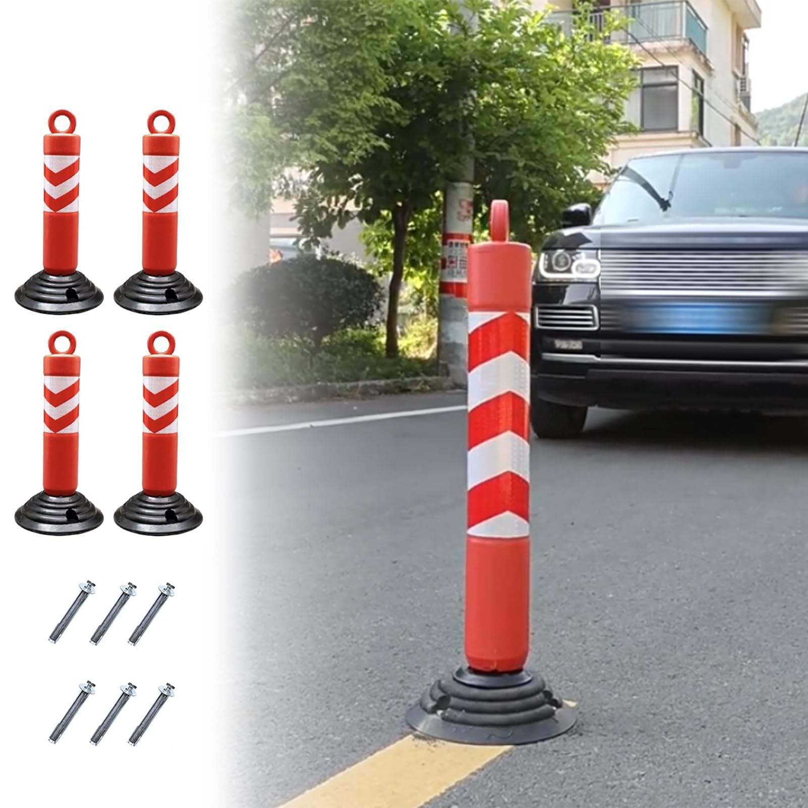 Poste de estacionamiento de plástico, 4 bolardos de seguridad flexibles con cintas reflectantes para delinear el tráfico y precaución del espacio en la carretera
