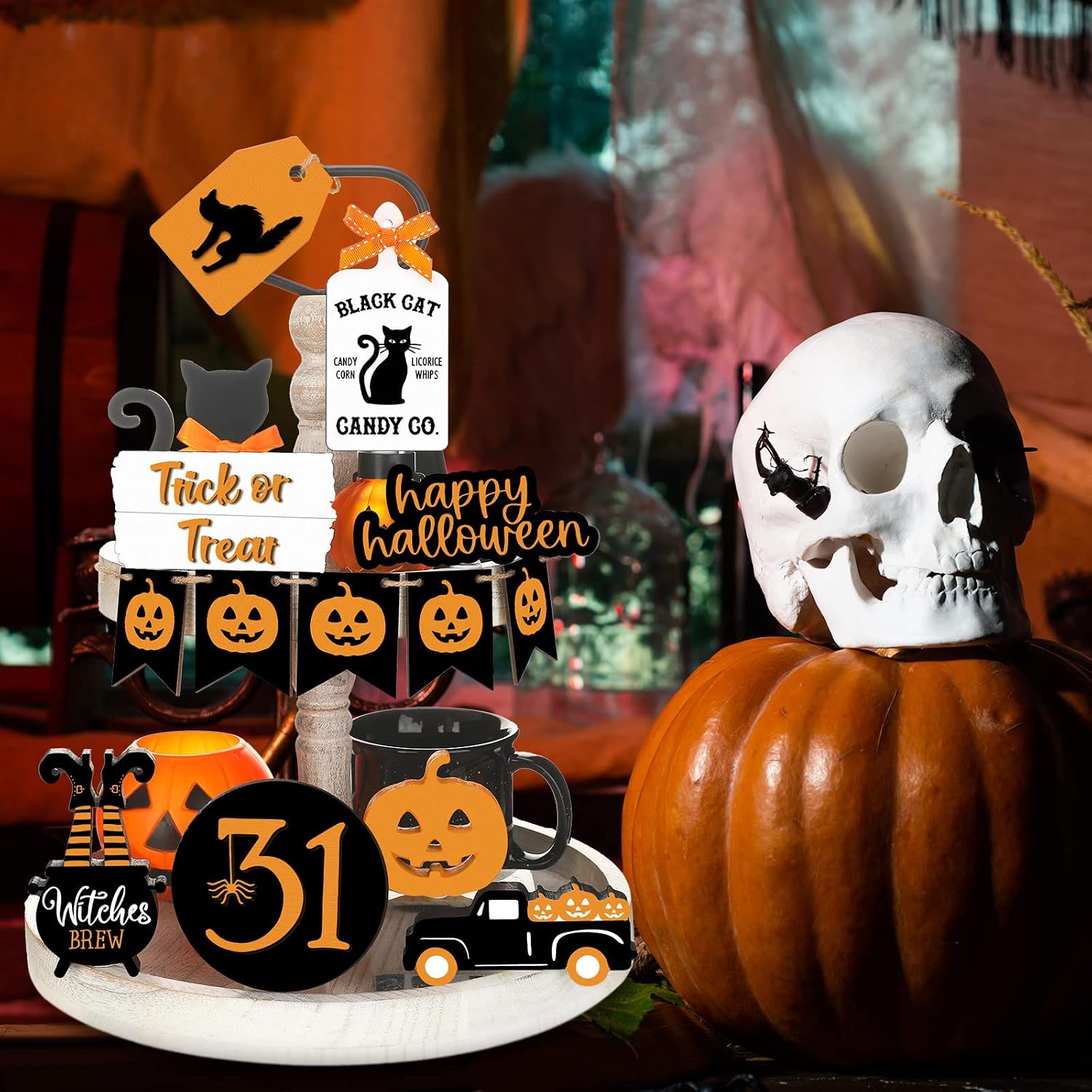 Halloween Tiered Tray Decoration Set Halloween Farmhouse Decor Boo Happy Halloween Wooden Signs Farmhouse Rustic Tiered Tray Decor Items for Home Table Houseroom (Pumpkin Style, 13 Pcs)