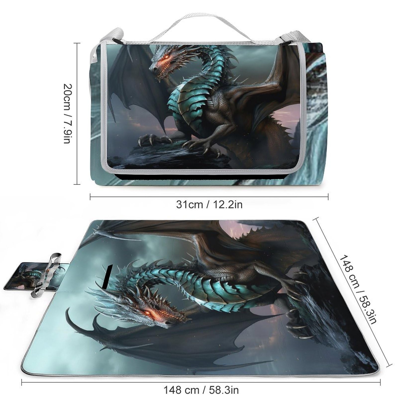Coperta da picnic da spiaggia, coperta da picnic con stampa drago, impermeabile, pieghevole, extra large, tappetino quadrato da picnic, per escursioni, viaggi, campeggio all'aperto, parchi