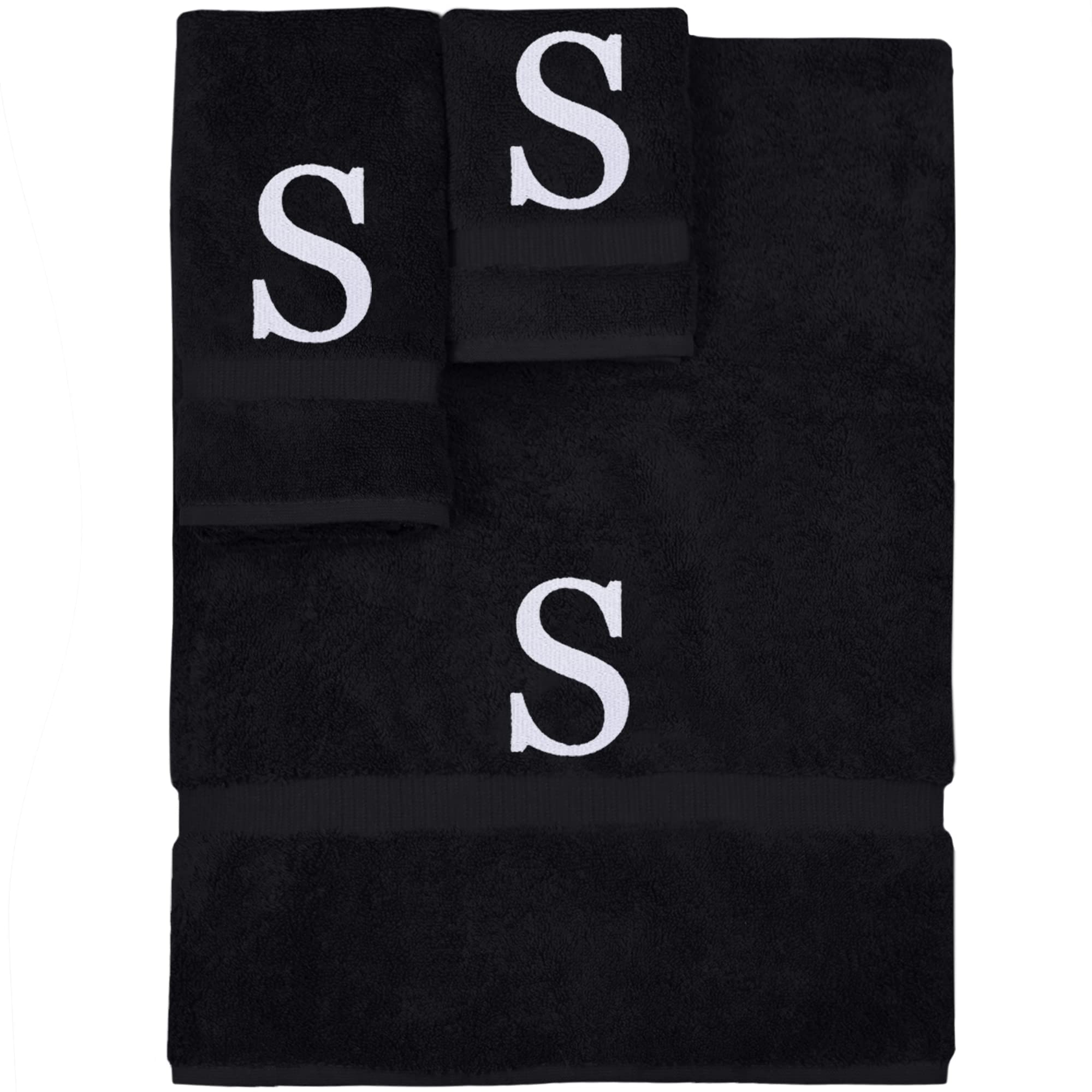 Monogrammed Towel Set, Personalized Gift, Set of 3- White Block Letter Embroidered Towel - Extra Absorbent 100% Turkish Cotton - Soft Terry Finish - Initial S Black