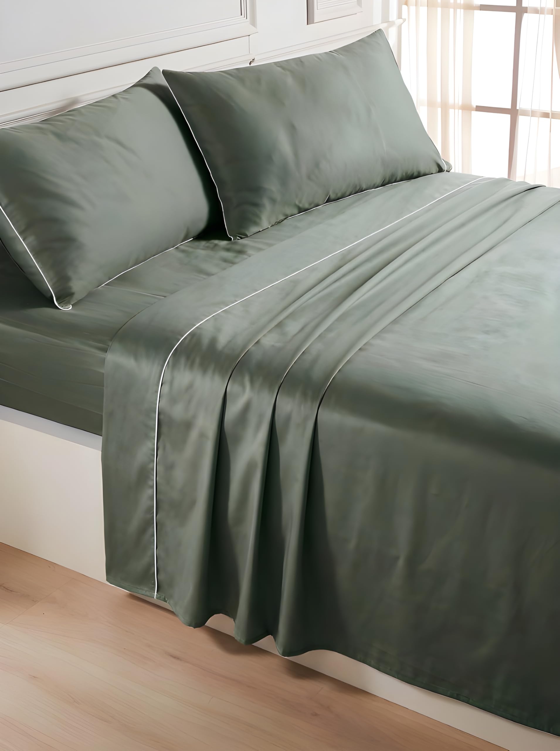 Mahome Juego de sábanas para cama de matrimonio de satén de algodón 100% de 300 hilos (TC) artesanal de lujo – Sábana bajera ajustable 180 x 200 x 30 cm, sábana encimera 250 x 290 cm, 2 fundas de