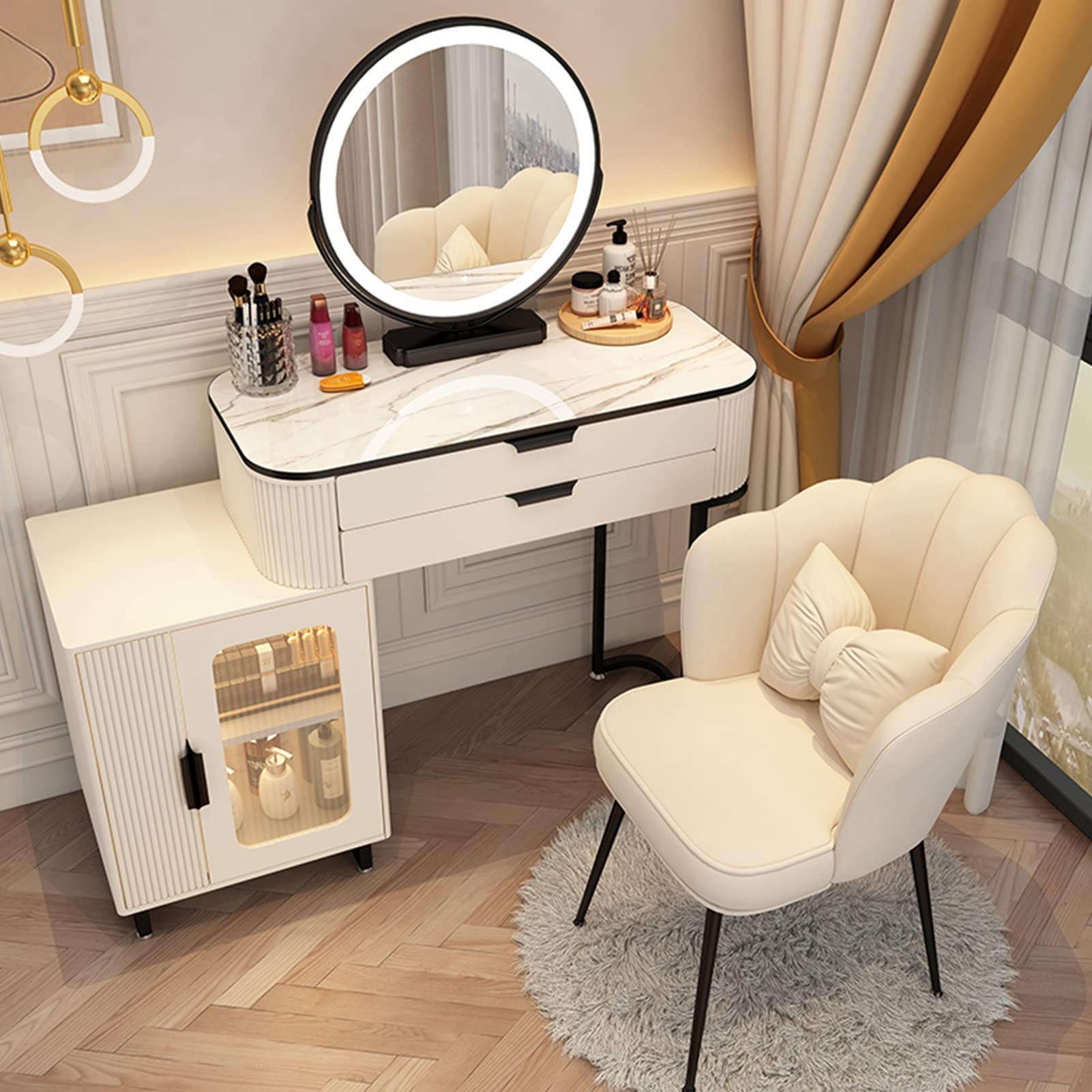 asdchZen Led Makeup Vanity Set With Adjustable Mirror, 3-Color Lighting Dressing Table & Stool, White & Black Bedroom Furniture, 120Cm/47.2In Makeup Desk With Nightstand,White+black B-80cm/31.5in