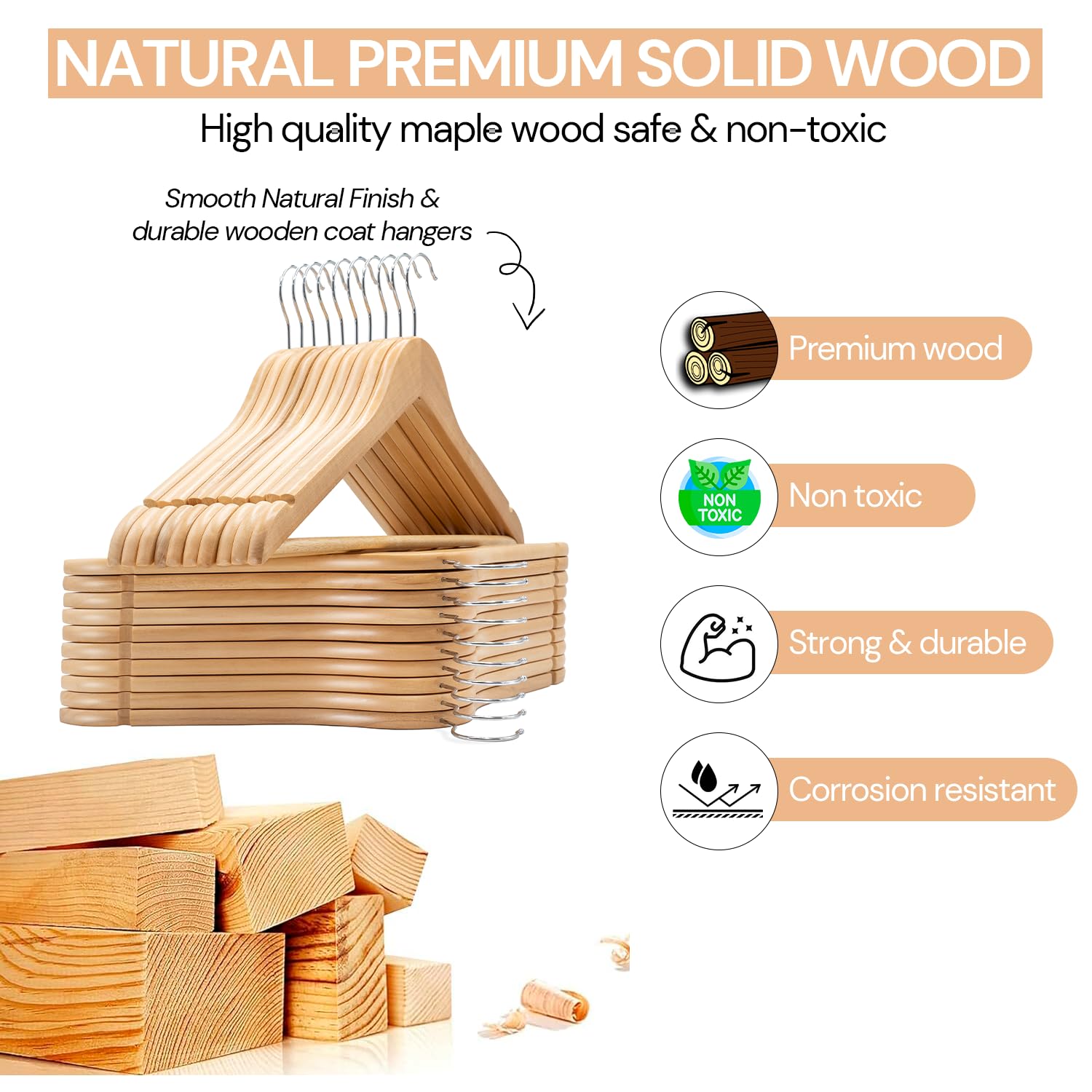 edihome, Grucce Legno, Confezione da 20, Appendiabiti con Scanalature su Spalle, Gancio Girevole a 360° e Barra Portapantaloni Antiscivolo, per Completi Camicie Cappotti (Legno, 20 unità)