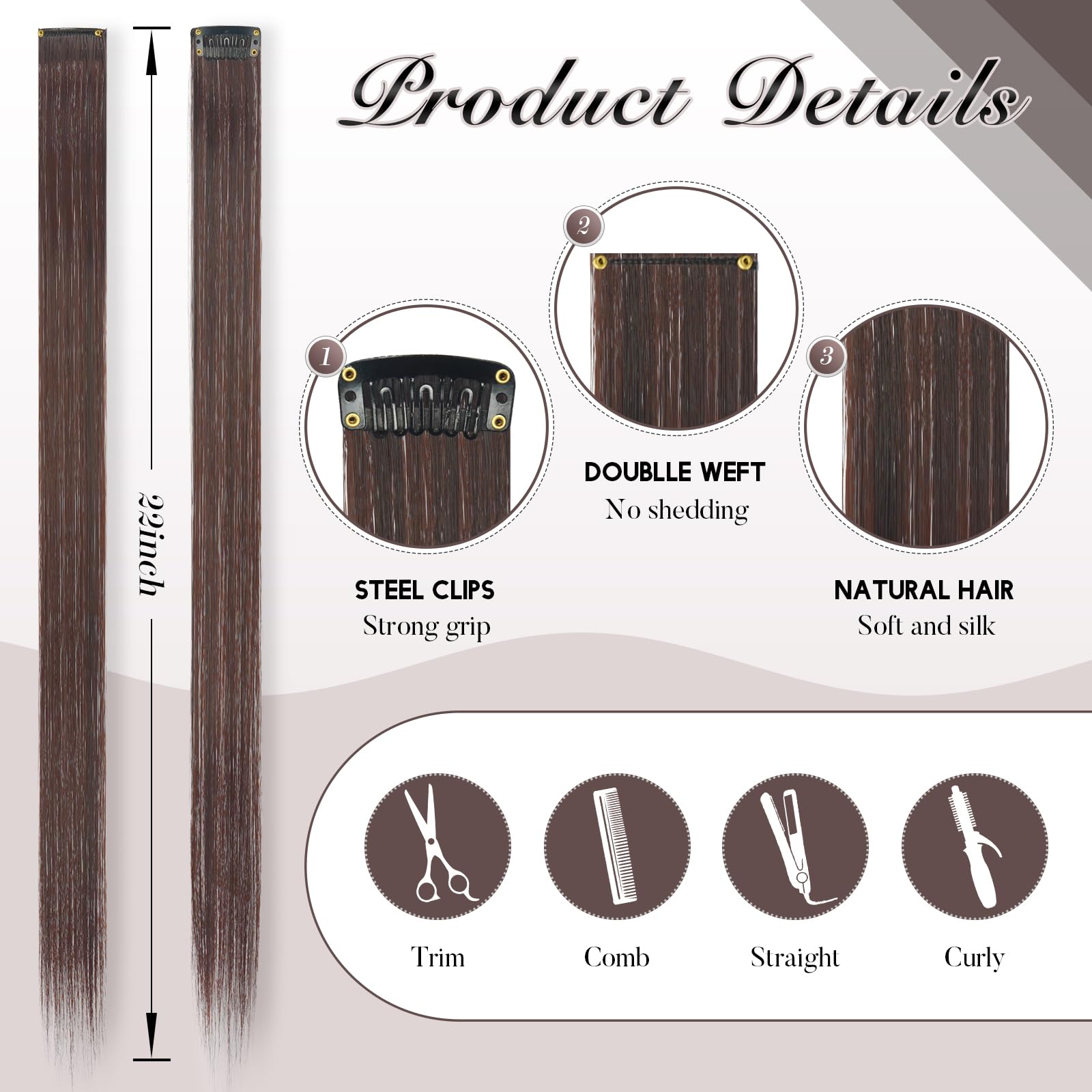 FESHFEN Coloured Clip in Hair Extension Brown Hairpieces for Women Party Highlight Colourful Straight Long Hair Extensions Clip in Hair Piece - Image 4