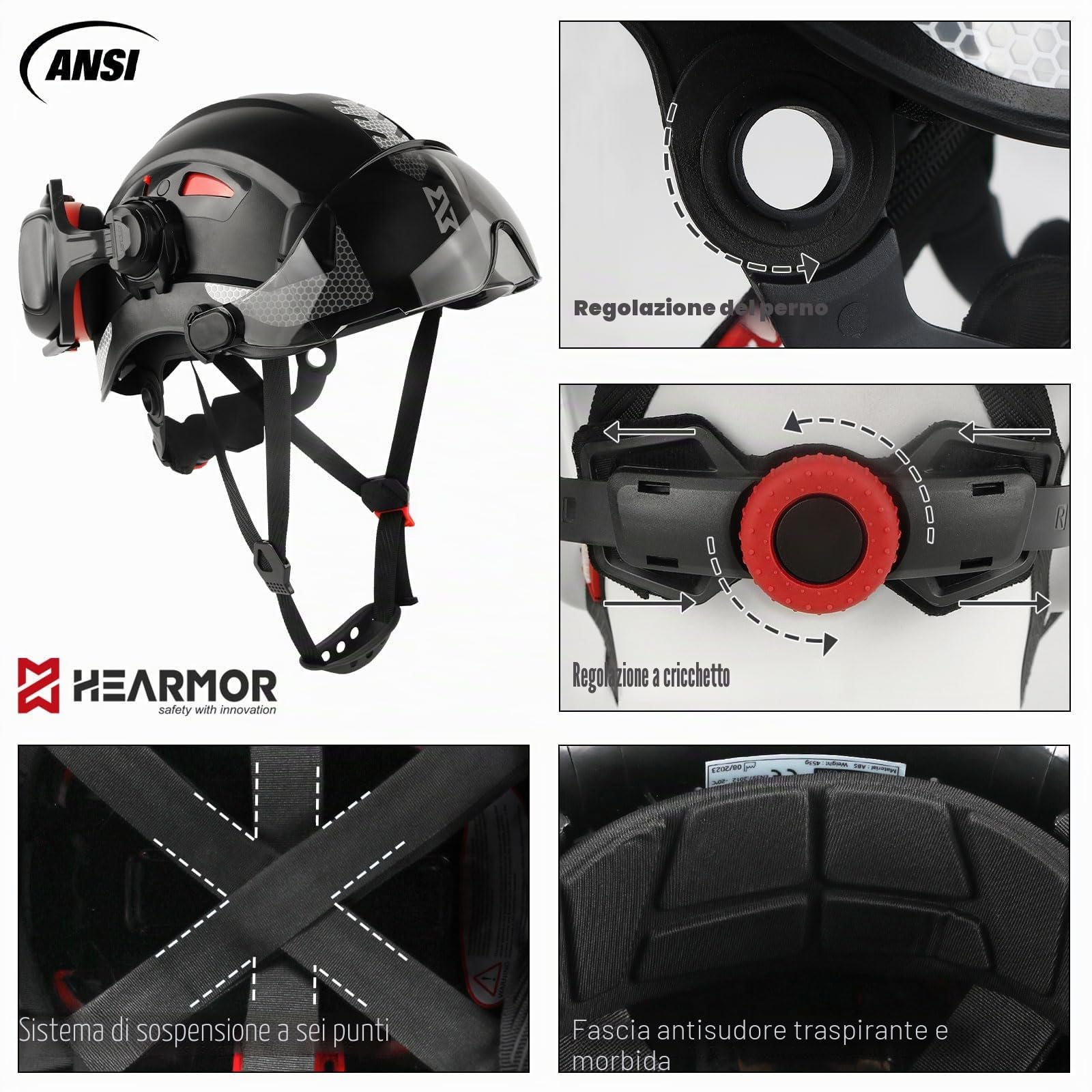 HEARMOR Casco protettivo 3 in 1 con protezione dell'udito e visiera, casco da lavoro certificato EN 397 per lavori di foresta, costruzione e arrampicata, con tasca portatile e inserto rinfrescante per