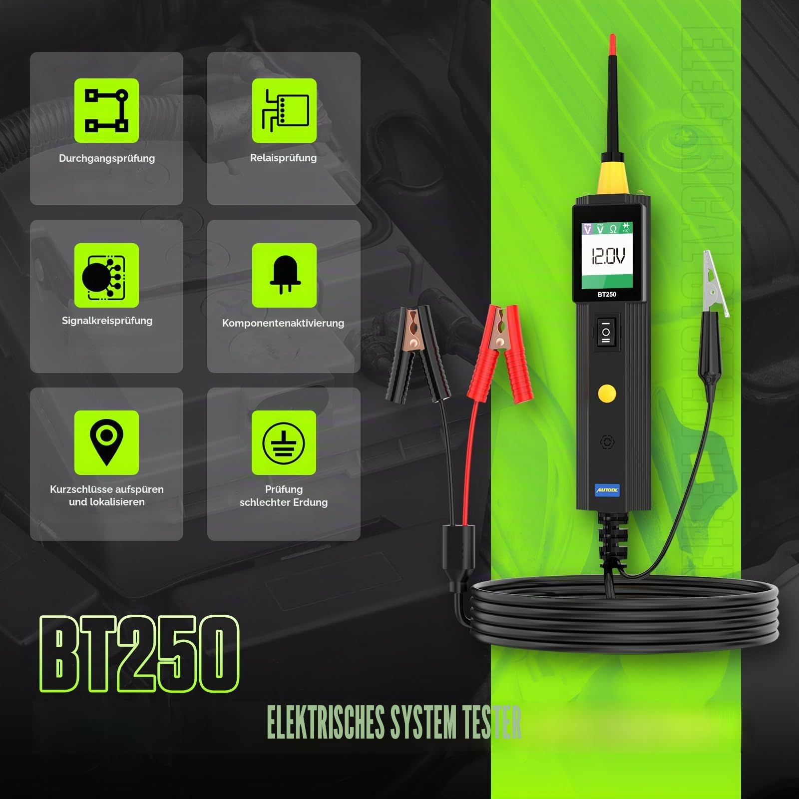 AUTOOL Auto Spannungsprüfer Stift, BT250 Digital Prüflampe kfz, 0V-65V DC/AC Stromprüfer mit Taschenlampe Maßnahmen Polarität Kontinuität für Autos und Motorrädern