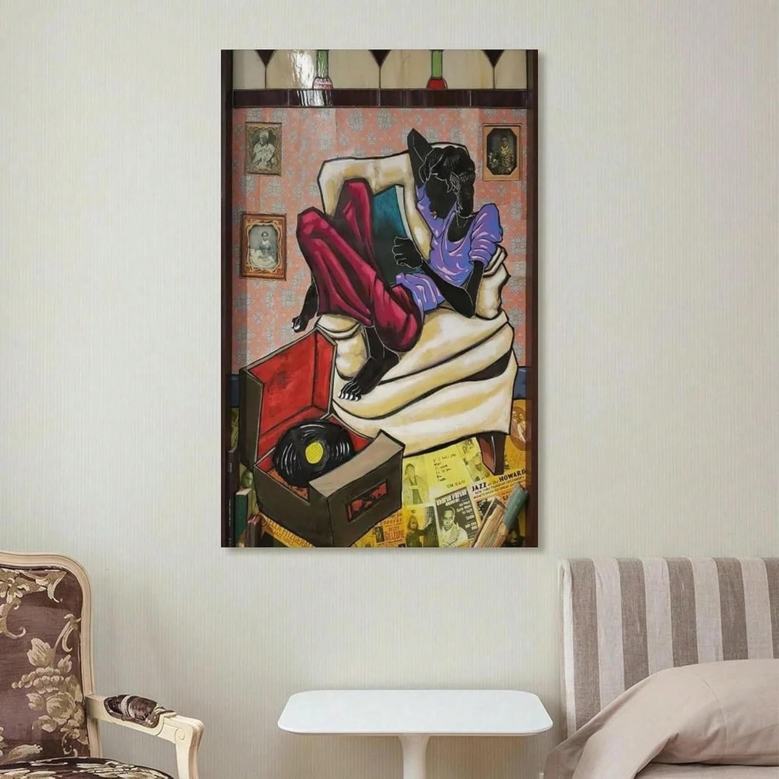 AIHNBF Jazz Murale da parete donna nera ascolta musica Soulvolle africana americana decorazione retrò giradischi stampa su tela per soggiorno sala musica arte unica 40 x 60 cm