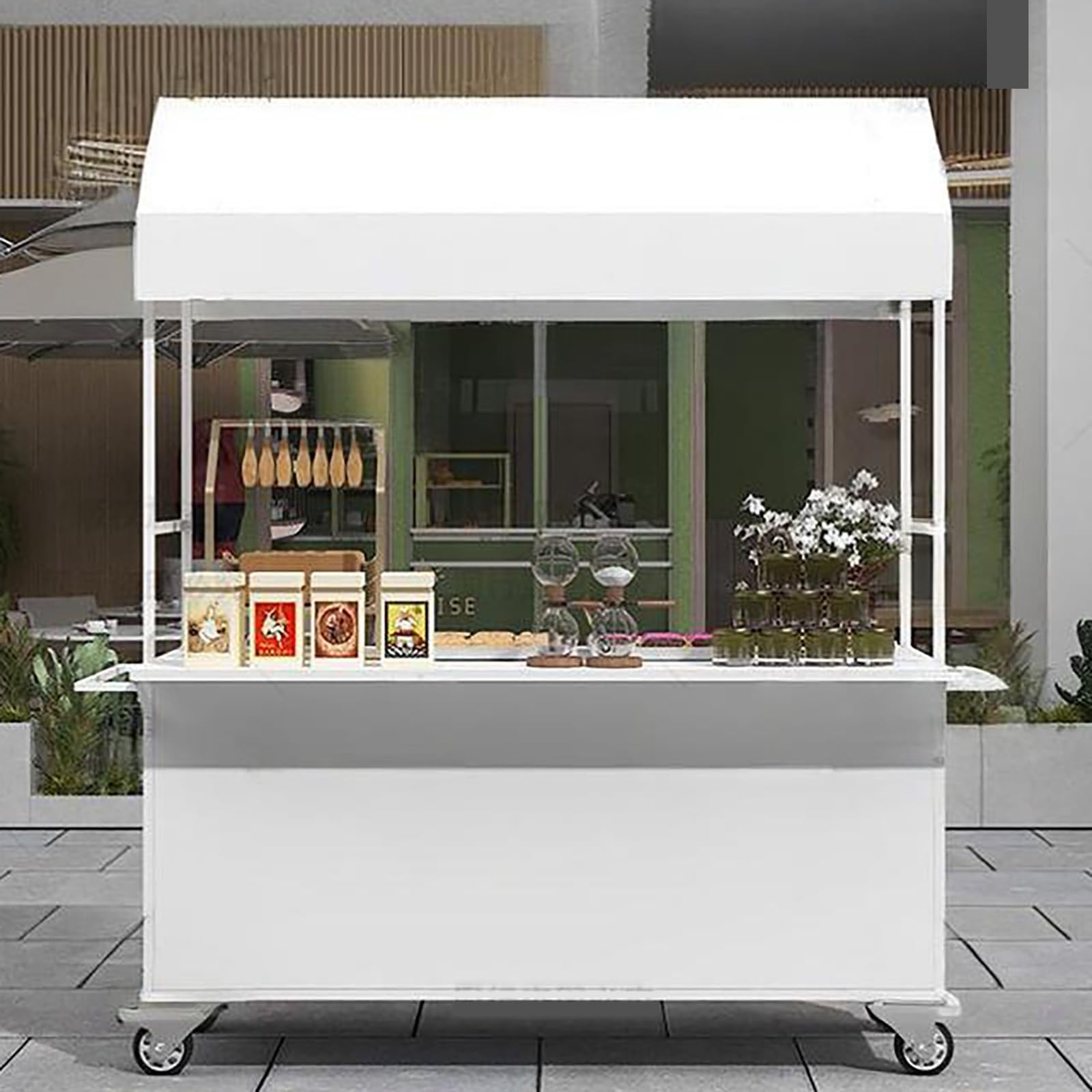 Carrello portatile con tettuccio con ruote, facile da montare, carrello mobile per mercati, fiere ed eventi, chiosco compatto per cibo da strada (bianco)
